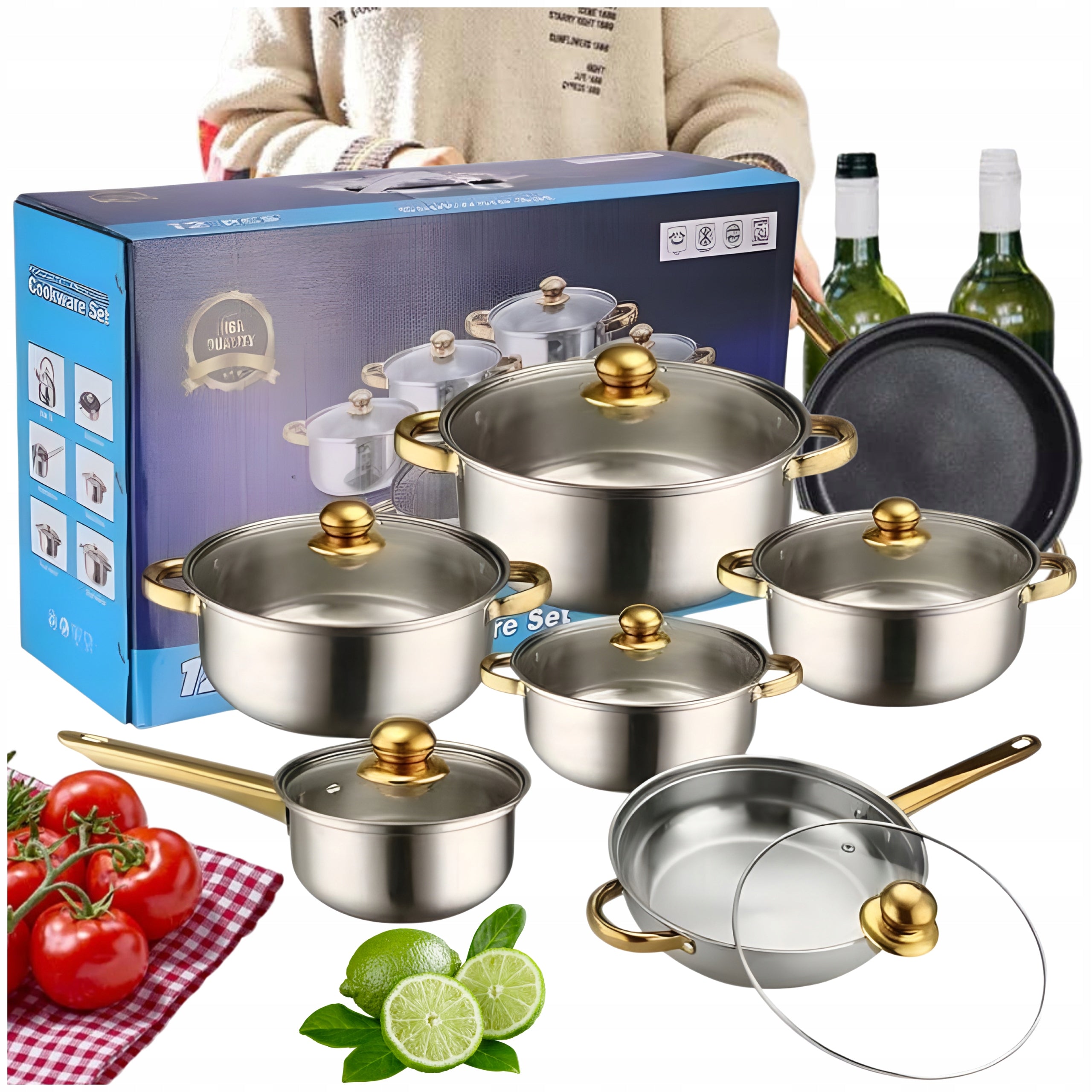 Kitchen Pot Set of 12 Elem. Gas Indication Pan + Lids