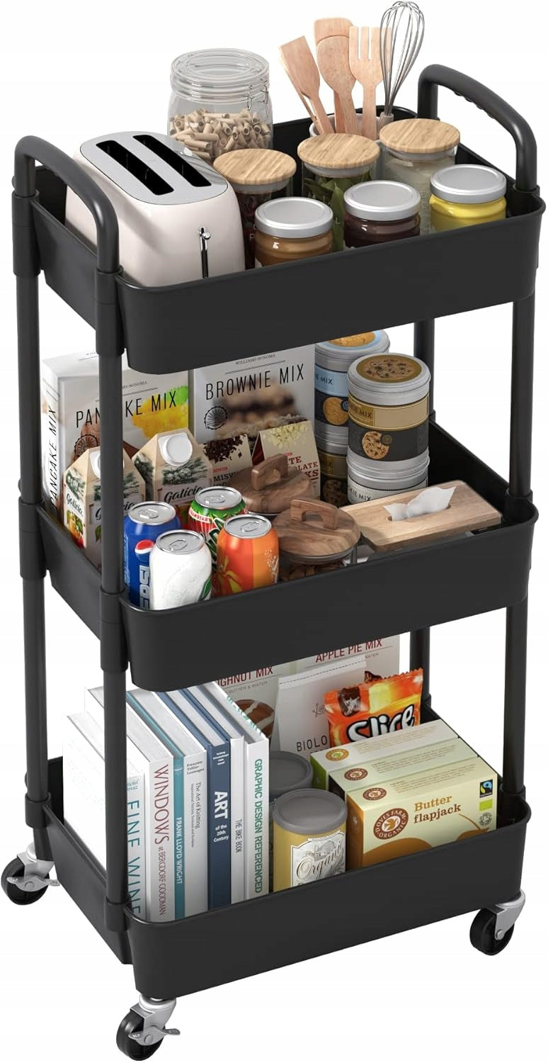 Kitchen Trolley Bookcase 3 Level Multifunctional with Handle and Shelf Black