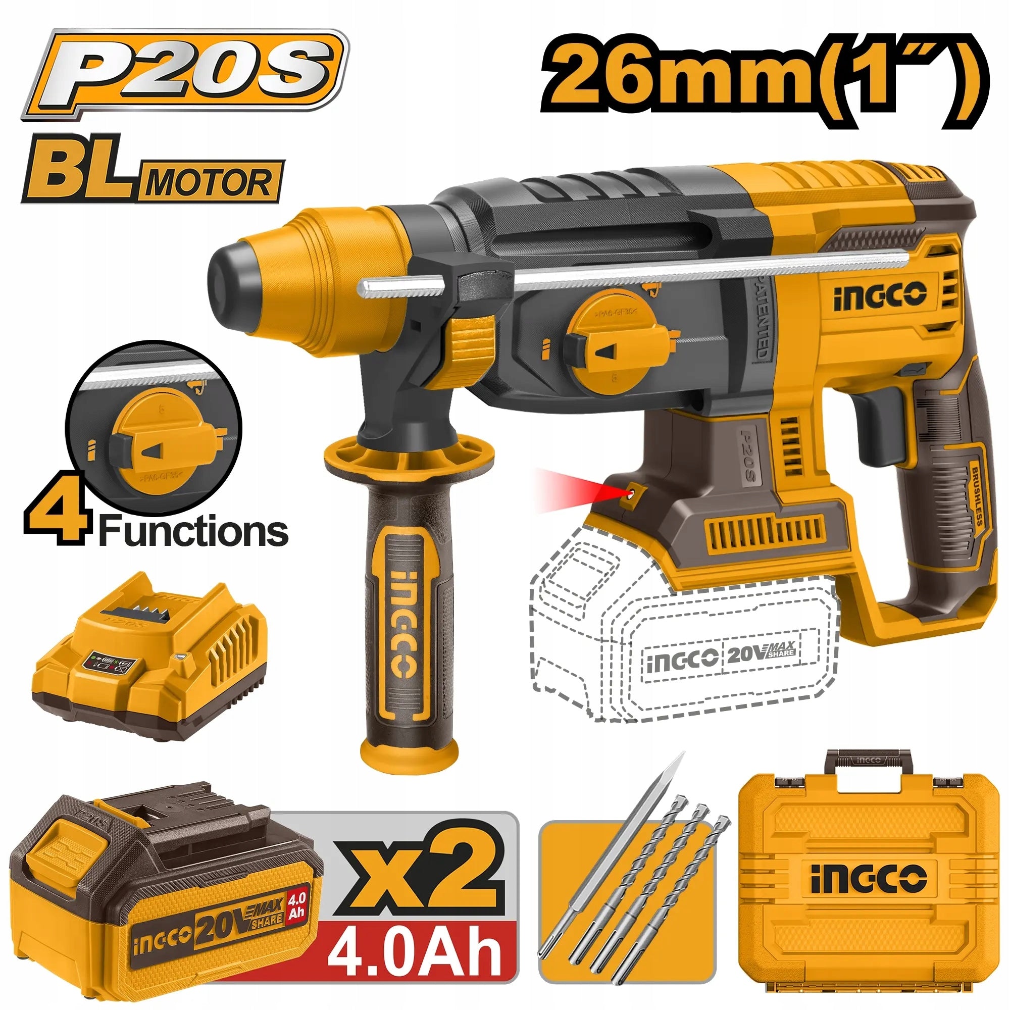 Kladivo vrtací AKU, 26mm, včetně baterie 2ks a nabíječky, Ingco
