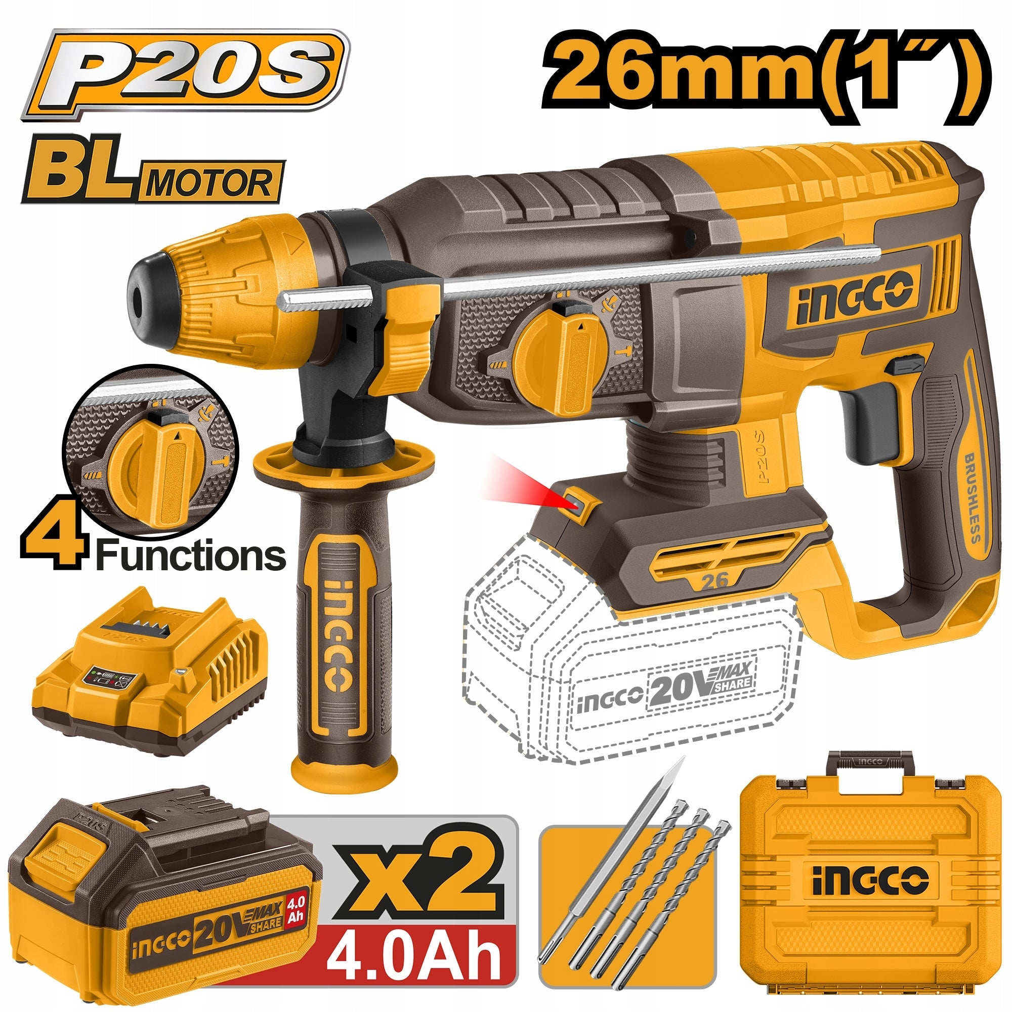 Kladivo vrtací AKU, 4 funkce, 26mm, včetně baterie 2ks a nabíječky, Ingco