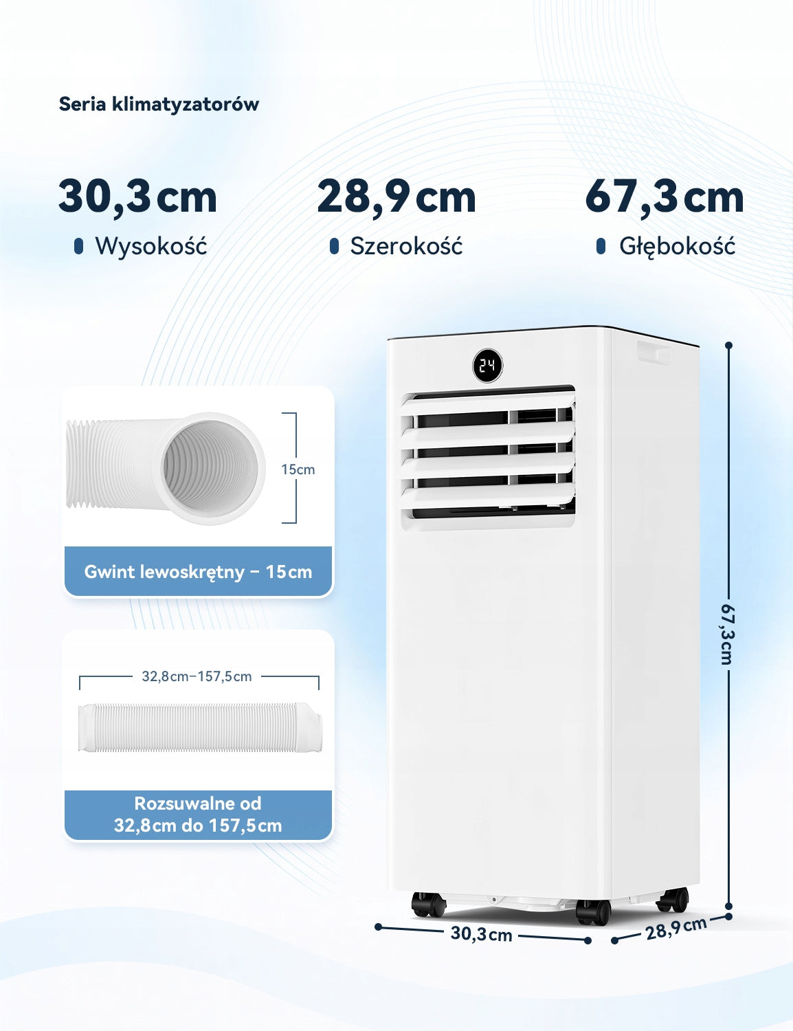 Klimatyzator przenośny 5w1 2,6kW NAJCICHSZY 50dB LED Klasa A z wężem Packaging status original