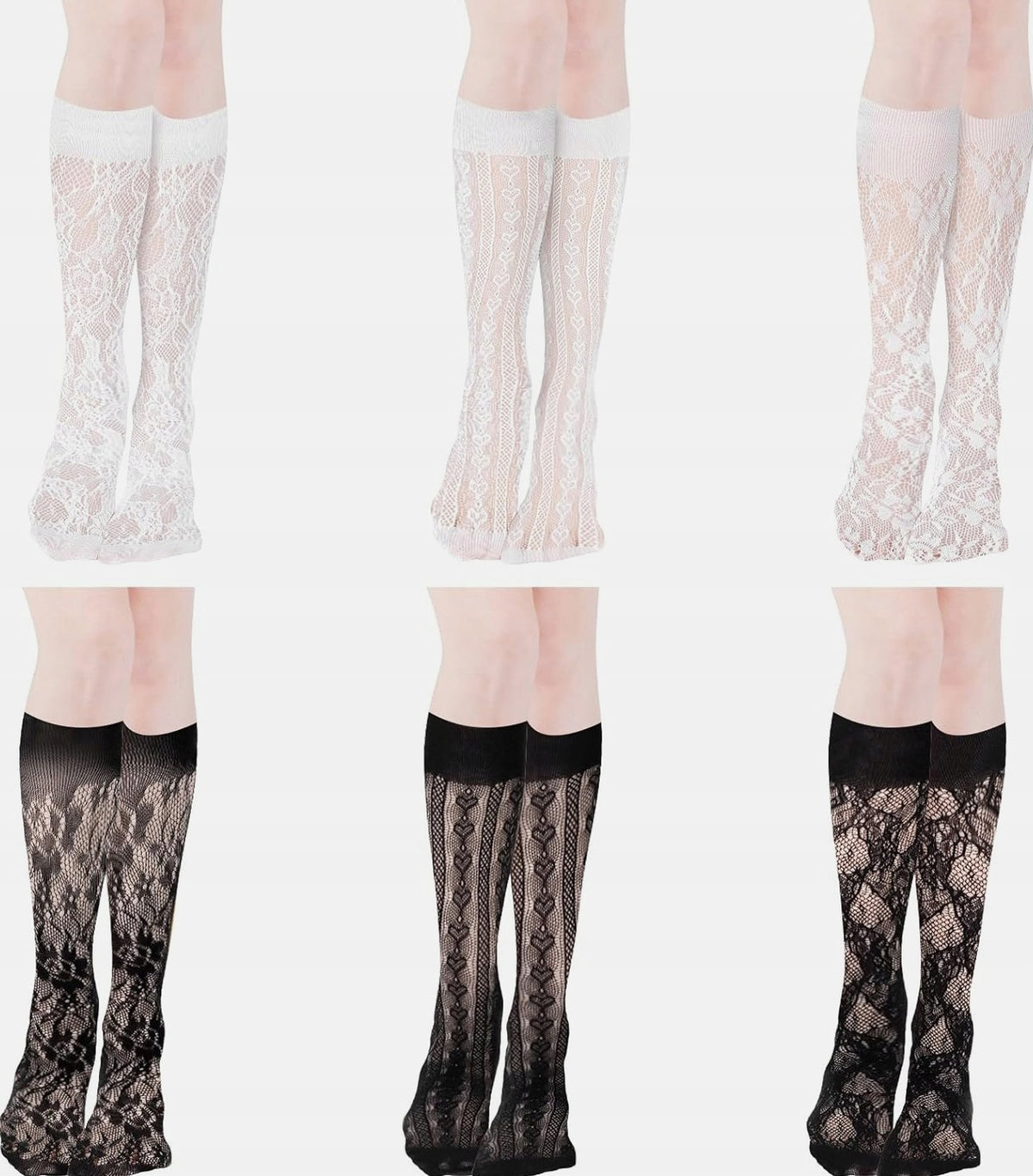 Knee high socks 6 pairs women lace black white thin openwork