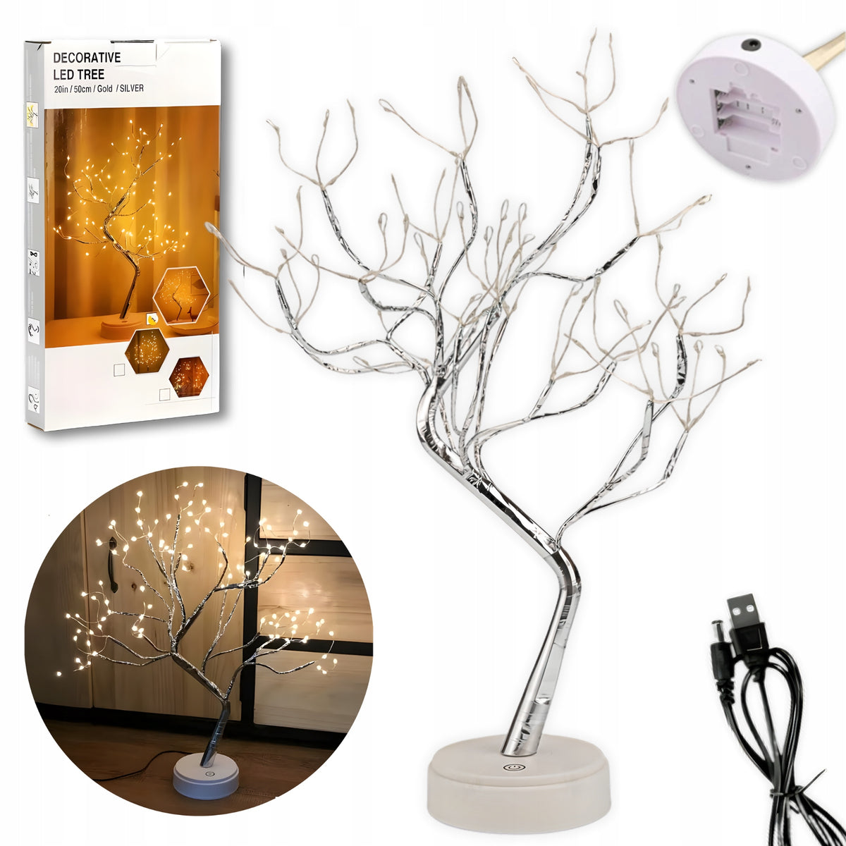 LAMP TREE BONSAI LED 50 CM SILVER CHRISTMAS TREE GLOWING USB