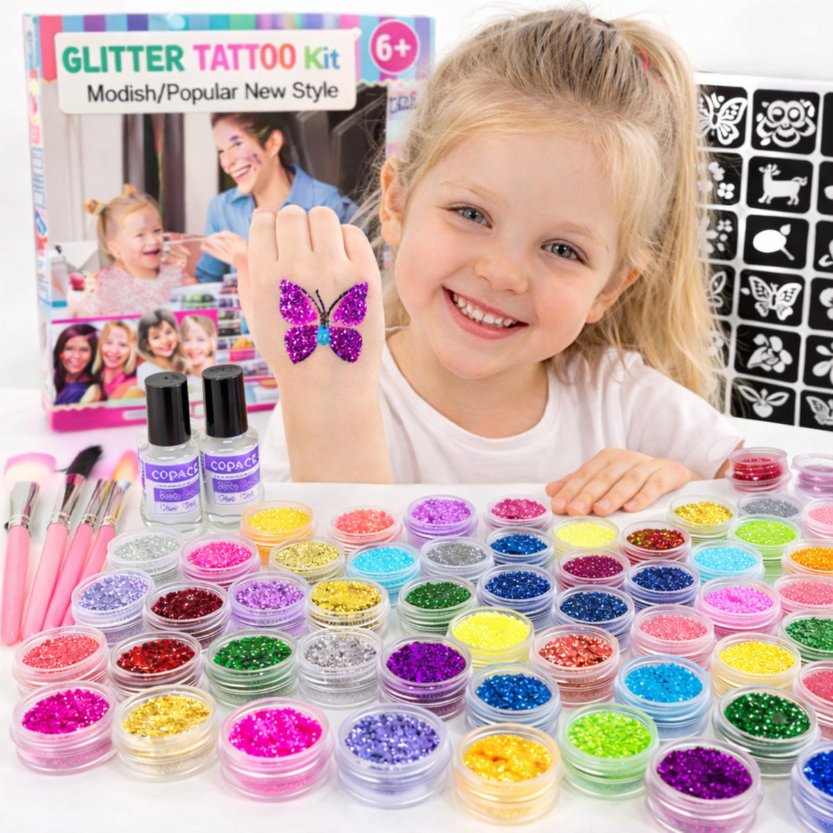 LARGE 2 SETS FOR GLITTER TATTOOS TEMPLATES 240 PCS TATTOOS GLITTER XXXL Packaging status original