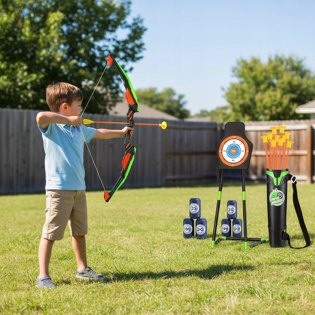 LARGE BOW GLOWING LED SET OF 12 ARROWS SHOOTING ARROWS QUIVER SHIELD Manufacturer code Świecący Łuk dla Dzieci ze Strzałami LED HQ