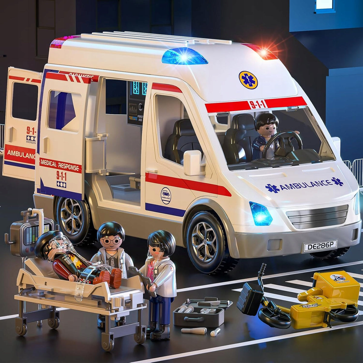 LARGE CAR AMBULANCE BUS WITH STRETCHER SOUND LIGHT+4 FIGURINES Packaging status original