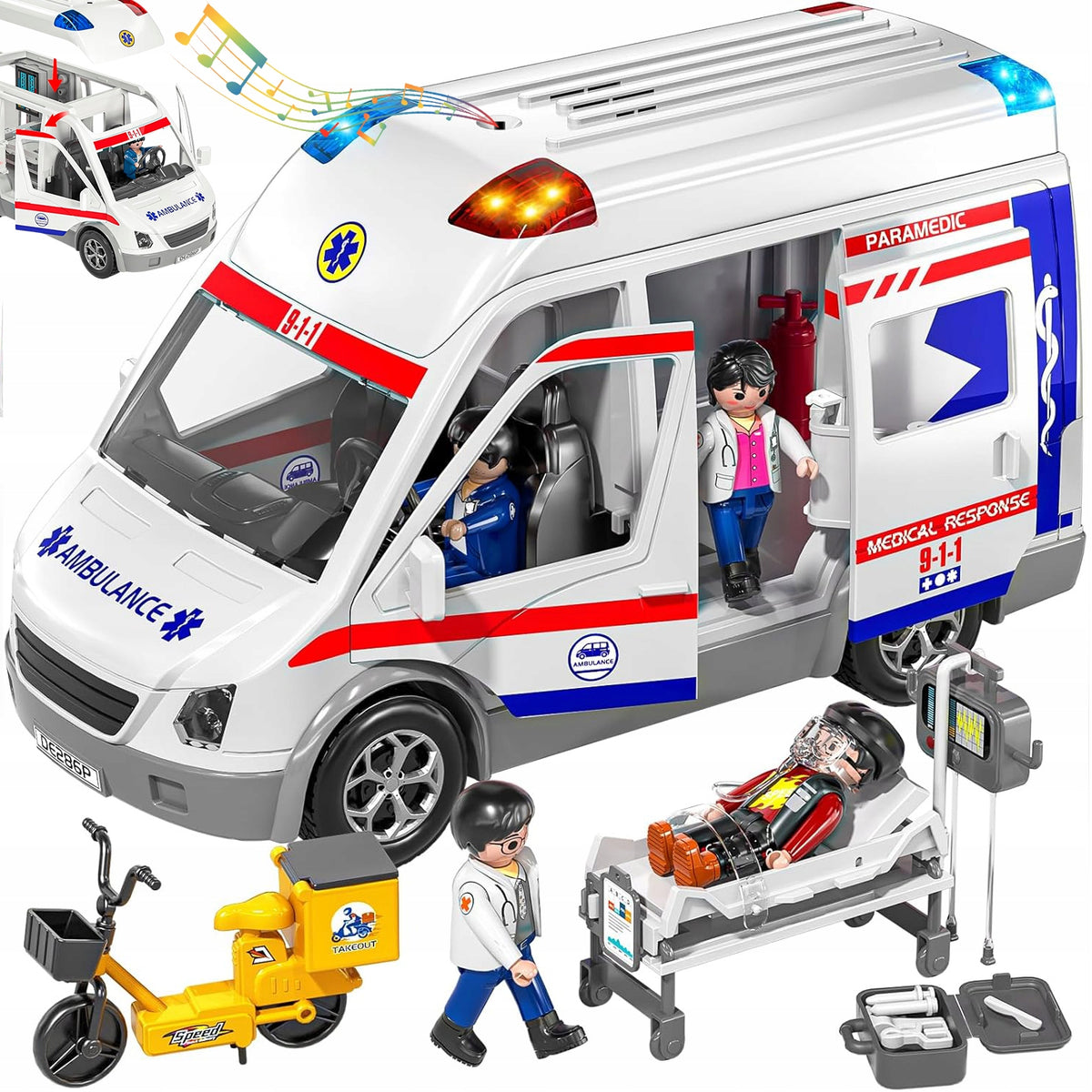 LARGE CAR AMBULANCE BUS WITH STRETCHER SOUND LIGHT+4 FIGURINES