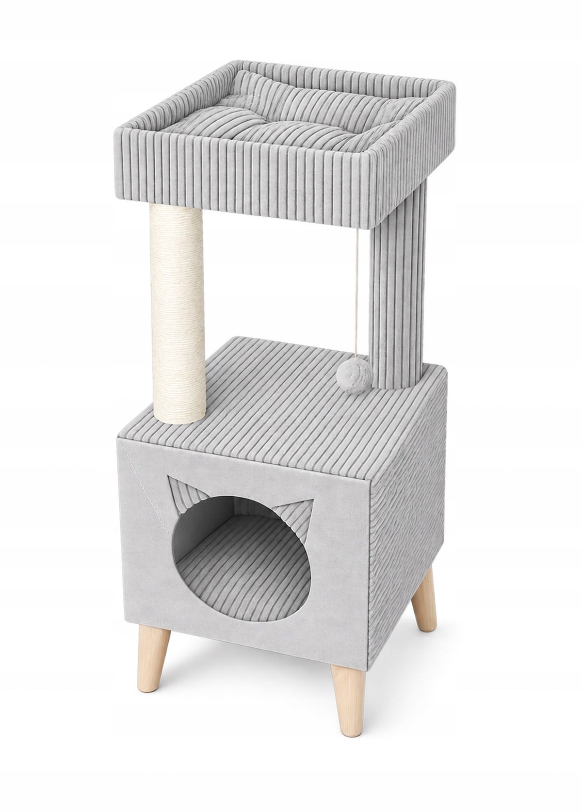 LARGE CAT SCRATCHER BED COTTAGE VELOUR SISAL GREY SCANDINAVIAN TOWER