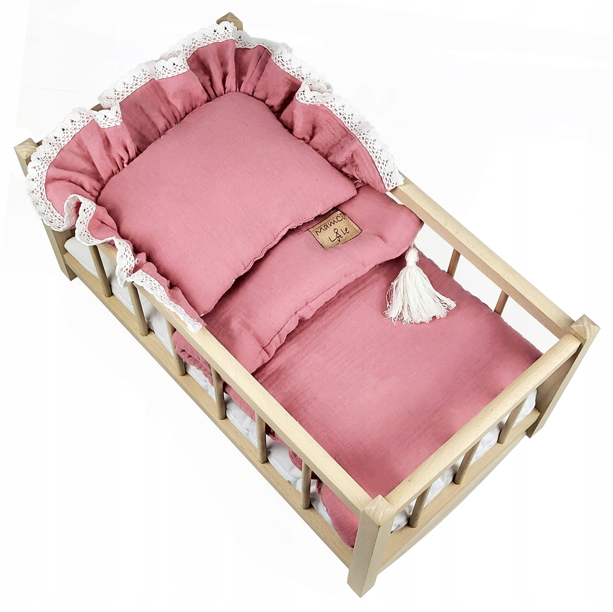 LARGE CRIB DOLL BED WITH BEAUTIFUL BEDDING