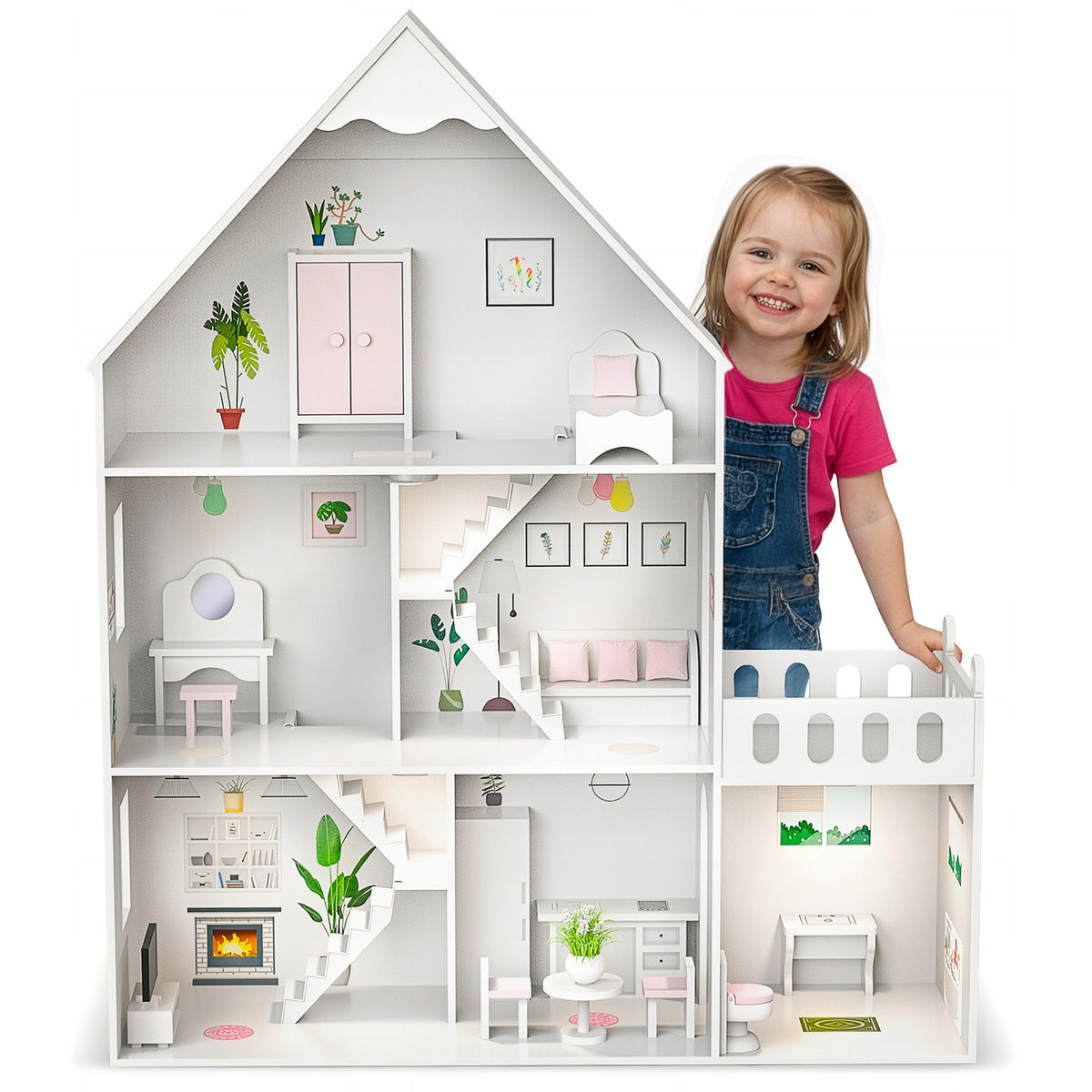 LARGE DOLLHOUSE WOODEN KINDERPLAY LED VILLA XXL 118CM FURNITURE GARAGE Packaging status original