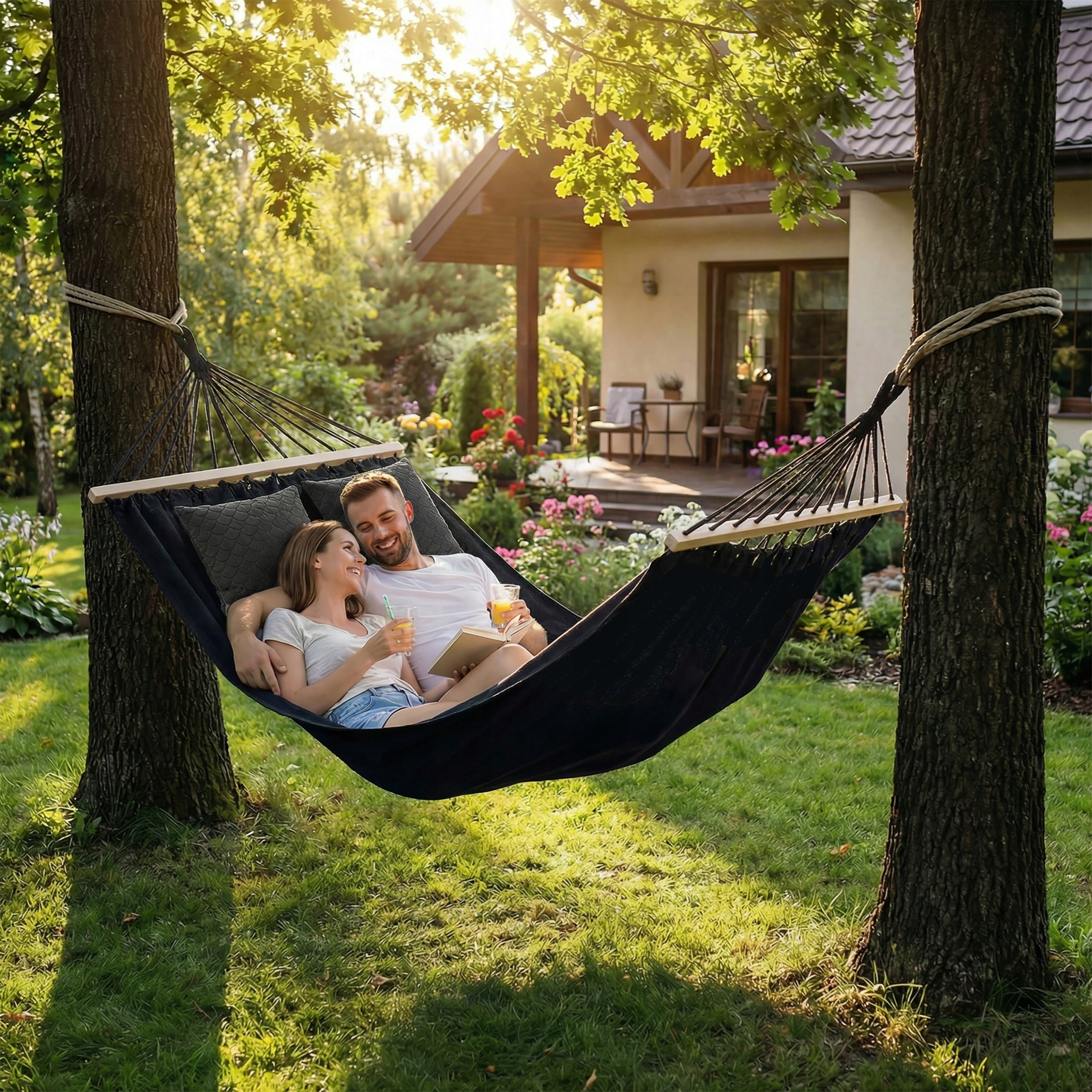 LARGE DOUBLE HAMMOCK GARDEN STRONG XXL HEADBAND 120 CM WITH PILLOWS + ROPES Manufacturer code Zestaw Hamak Duży XXL - 35331 + 17965