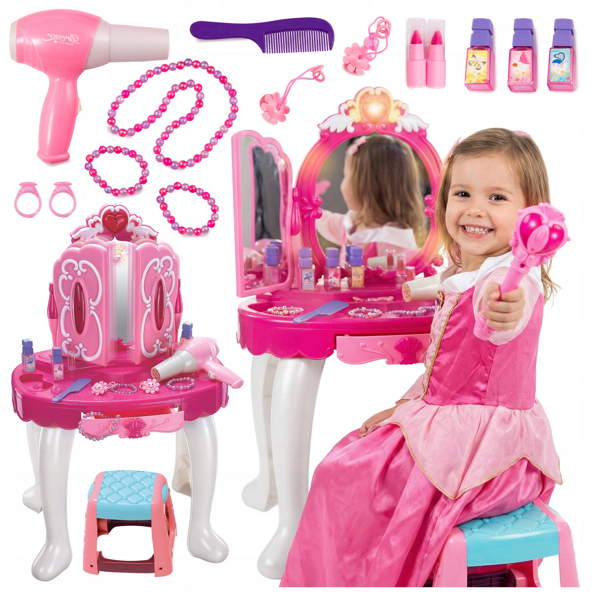LARGE DRESSING TABLE FOR CHILDREN GIRLS WITH MIRROR DRYER SOUNDS OF LIGHT MP3