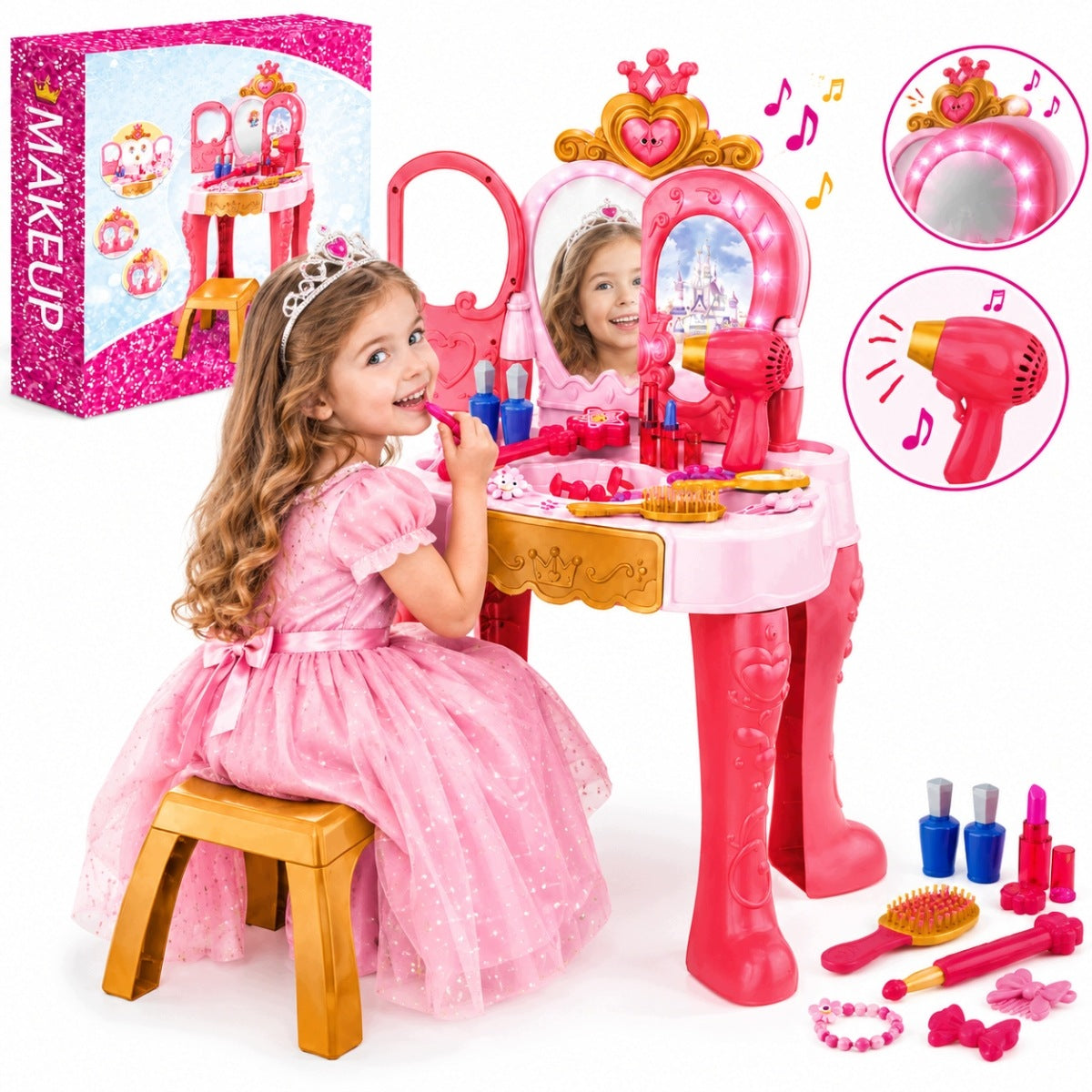 LARGE DRESSING TABLE FOR CHILDREN GIRLS WITH MIRROR DRYER SOUNDS OF LIGHT