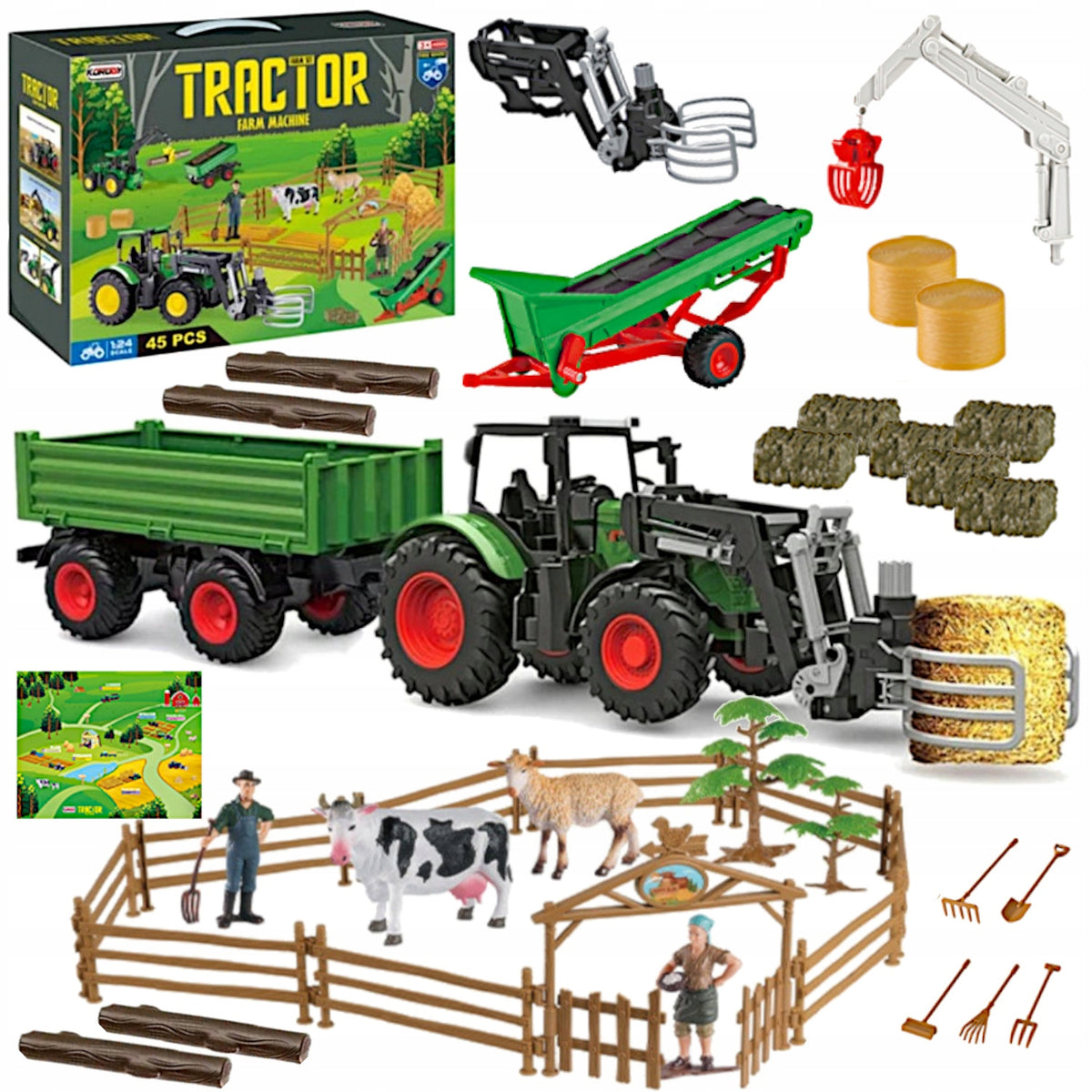 LARGE FARM TRACTOR TRAILER AGRICULTURAL MACHINERY ANIMALS FIGURINES XXL TOY