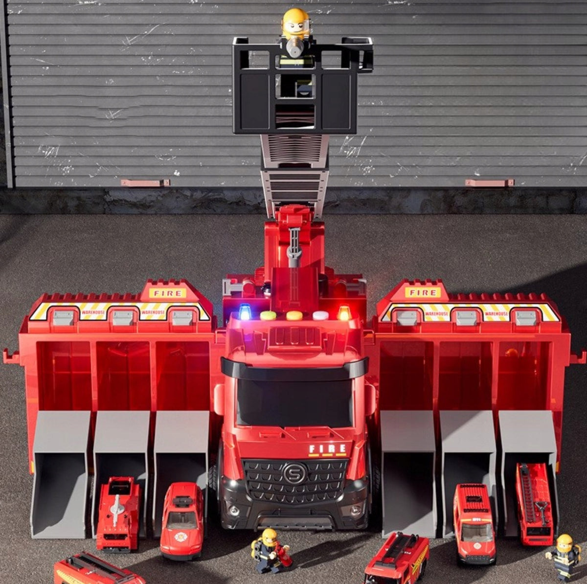 LARGE FIRE TRUCK 7IN1 SHOOTS CARS POURING WATER LADDER GARAGE SOUND 6 CARS Manufacturer code ZAB/MW/B-WOZ02