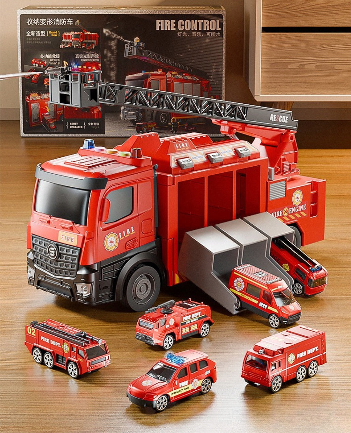 LARGE FIRE TRUCK 7IN1 SHOOTS CARS POURING WATER LADDER GARAGE SOUND 6 CARS Packaging status original