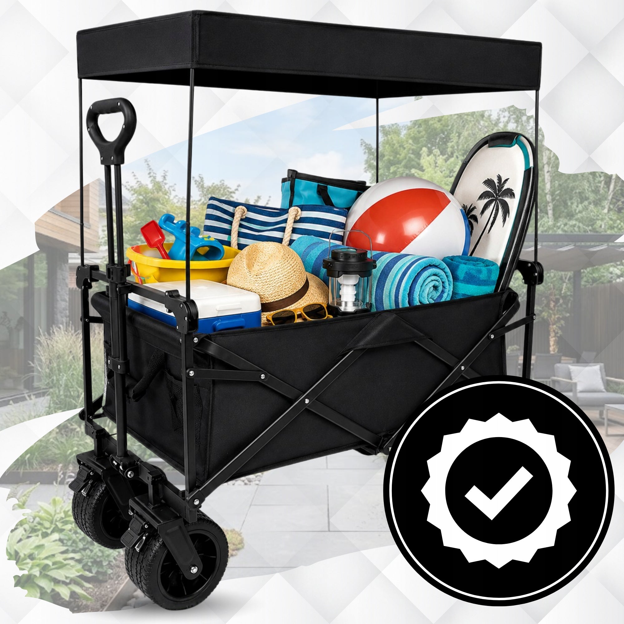 LARGE Folding Garden Trolley BEACH Transport with Roof Wide Wheels Capacity 145 l