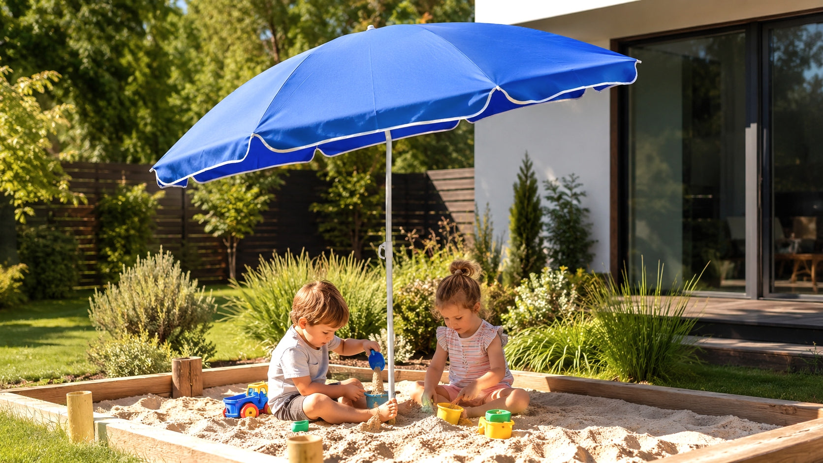 LARGE GARDEN BEACH UMBRELLA WITH FRILL FOLDING BROKEN UV+ BLUE 180cm Packaging status original
