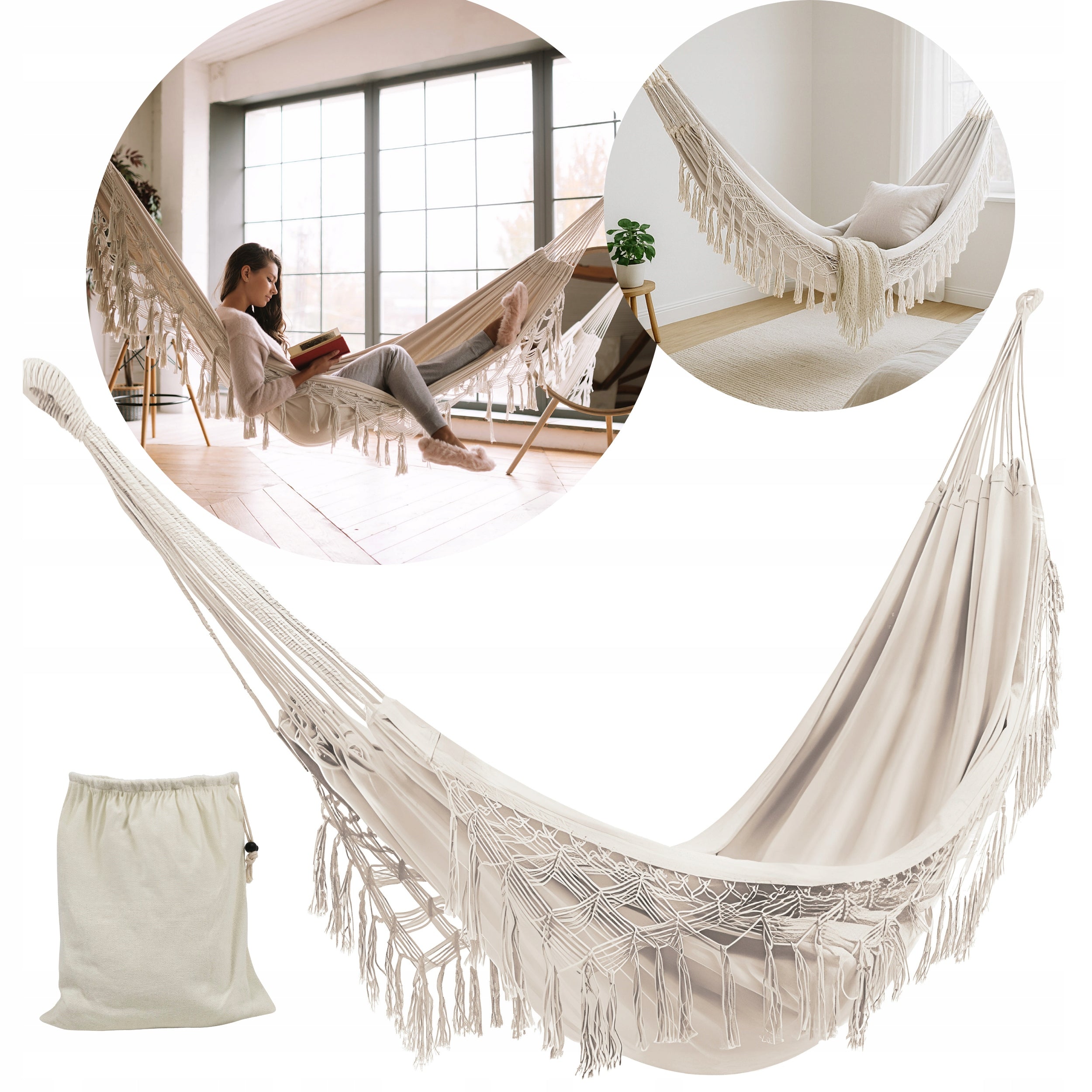 LARGE Garden Hammock BOHO Tassels Hiking Hammock For Balcony LIGHT BEIGE