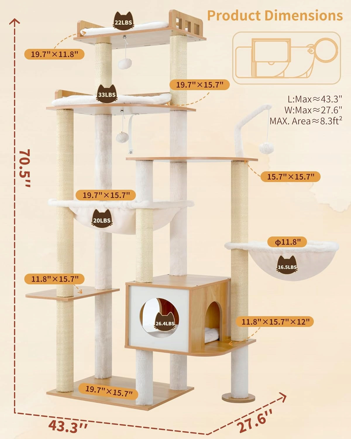 LARGE HIGH SCRATCHING POST FOR CATS WITH BOOTH AND HAMMOCKS 184 CM WALNUT COLOR Brand no brand