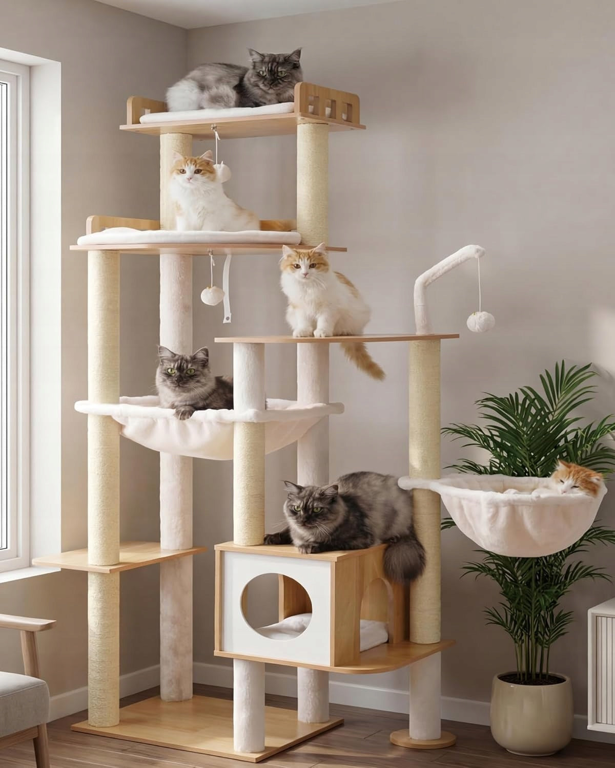 LARGE HIGH SCRATCHING POST FOR CATS WITH BOOTH AND HAMMOCKS 184 CM WALNUT COLOR Packaging status original