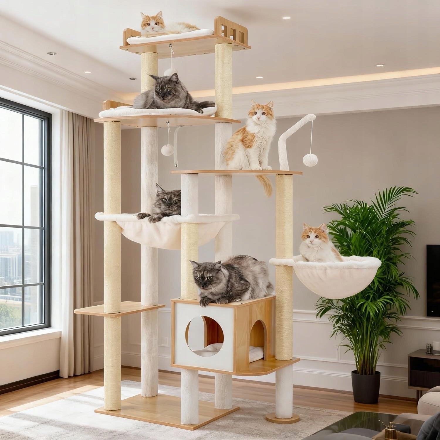 LARGE HIGH SCRATCHING POST FOR CATS WITH BOOTH AND HAMMOCKS 184 CM WALNUT COLOR