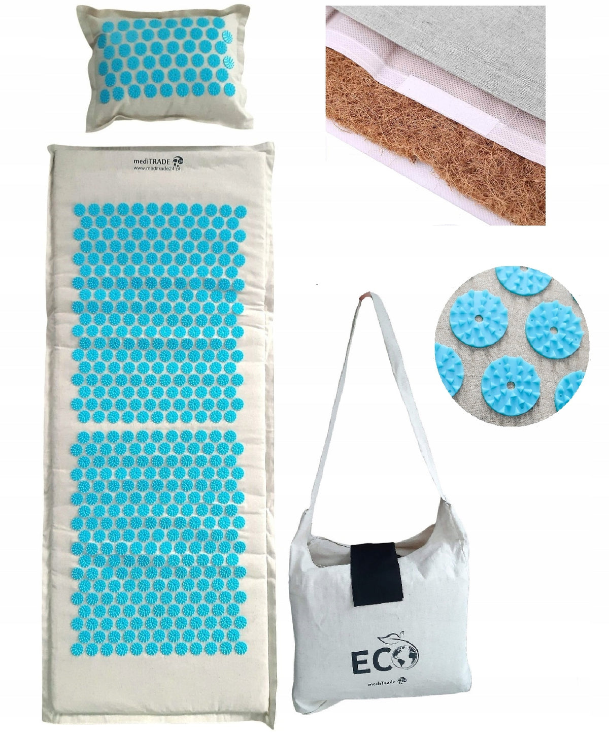 LARGE LINEN SPIKE MAT WITH ACUPRESSURE PILLOW WITH COCONUT ECO XXL BAG