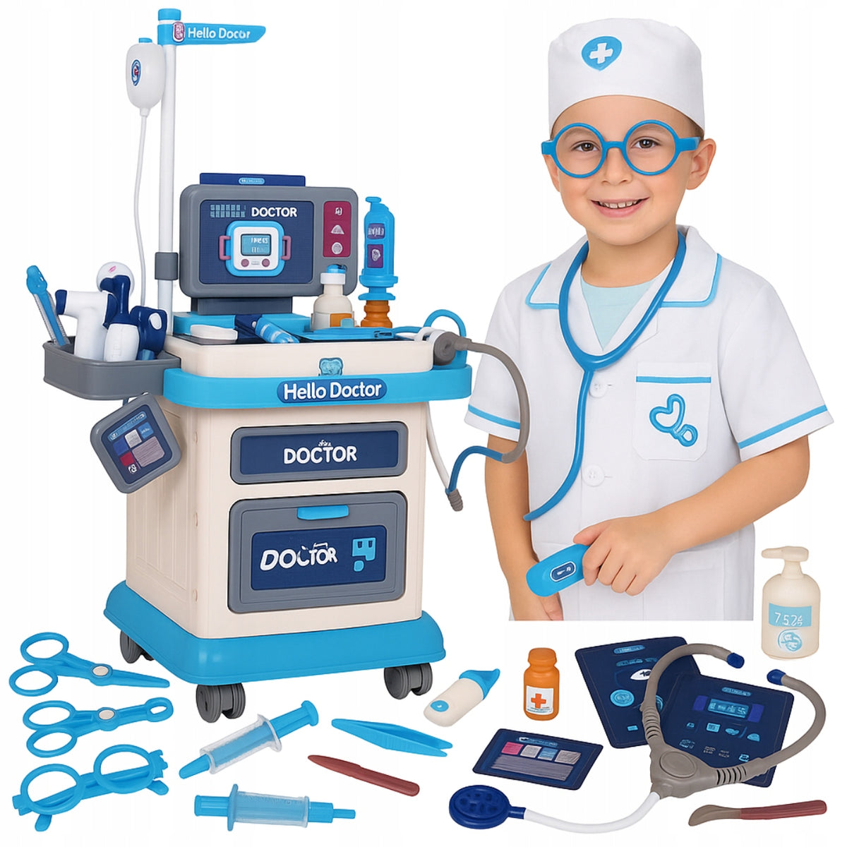 LARGE MEDICAL KIT FOR CHILDREN OF THE DOCTOR OF A SMALL DOCTOR + AKCESORIA 37 EL. Manufacturer code DUŻY ZESTAW LEKARSKI DLA DZIECI DOKTORA