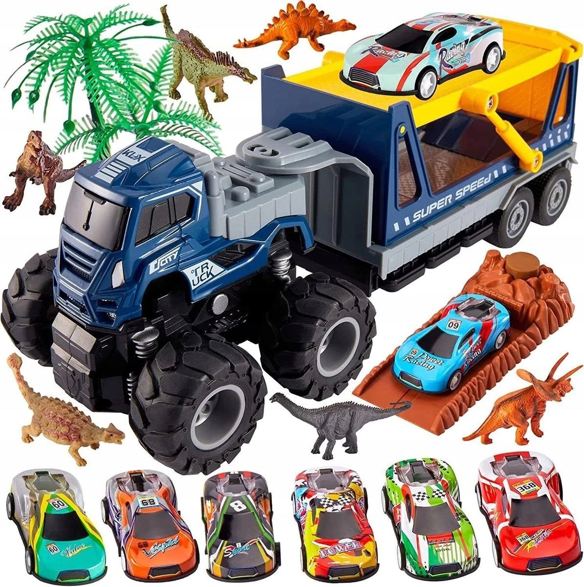 LARGE MONSTER TRUCK + 6 CARS + DINOSAURS + ACCESSORIES