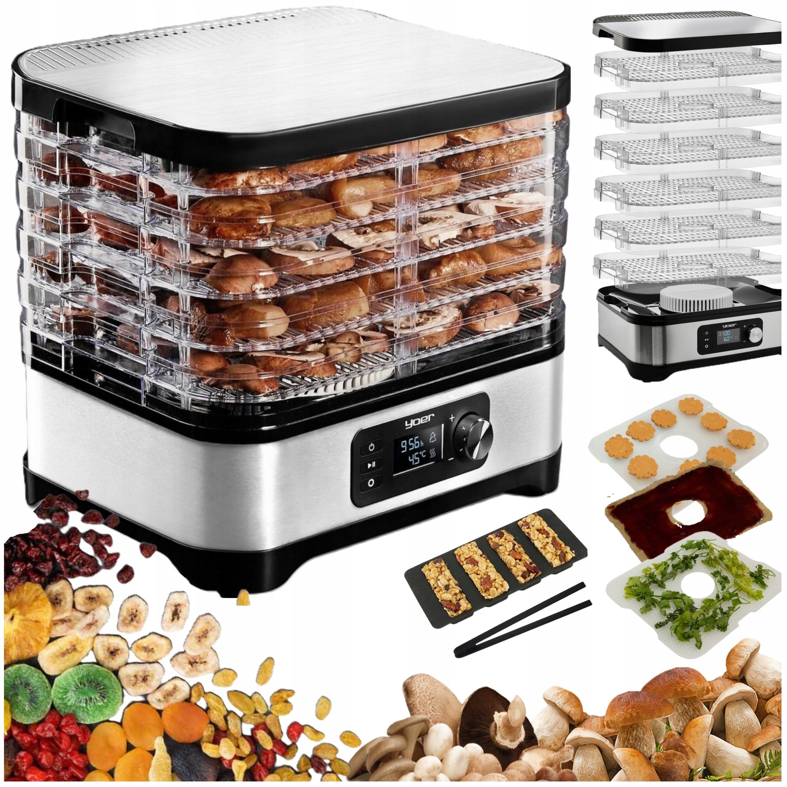 LARGE MUSHROOM AND FRUIT DRYER 6-Tier STAINLESS STEEL 9 additives 450W