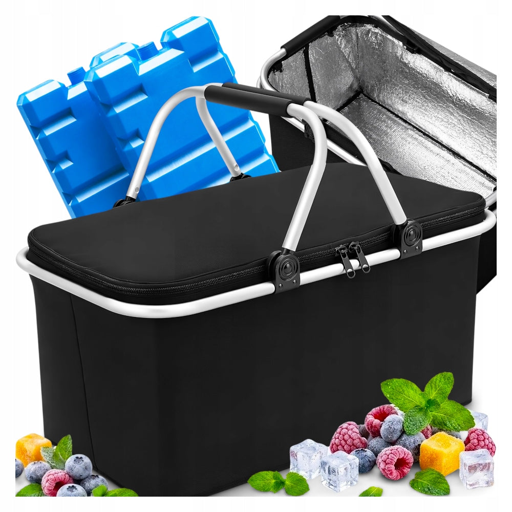 LARGE PICNIC BASKET THERMAL BASKET BLACK + 2x FREEZING CARTRIDGES 400ml 2pcs.