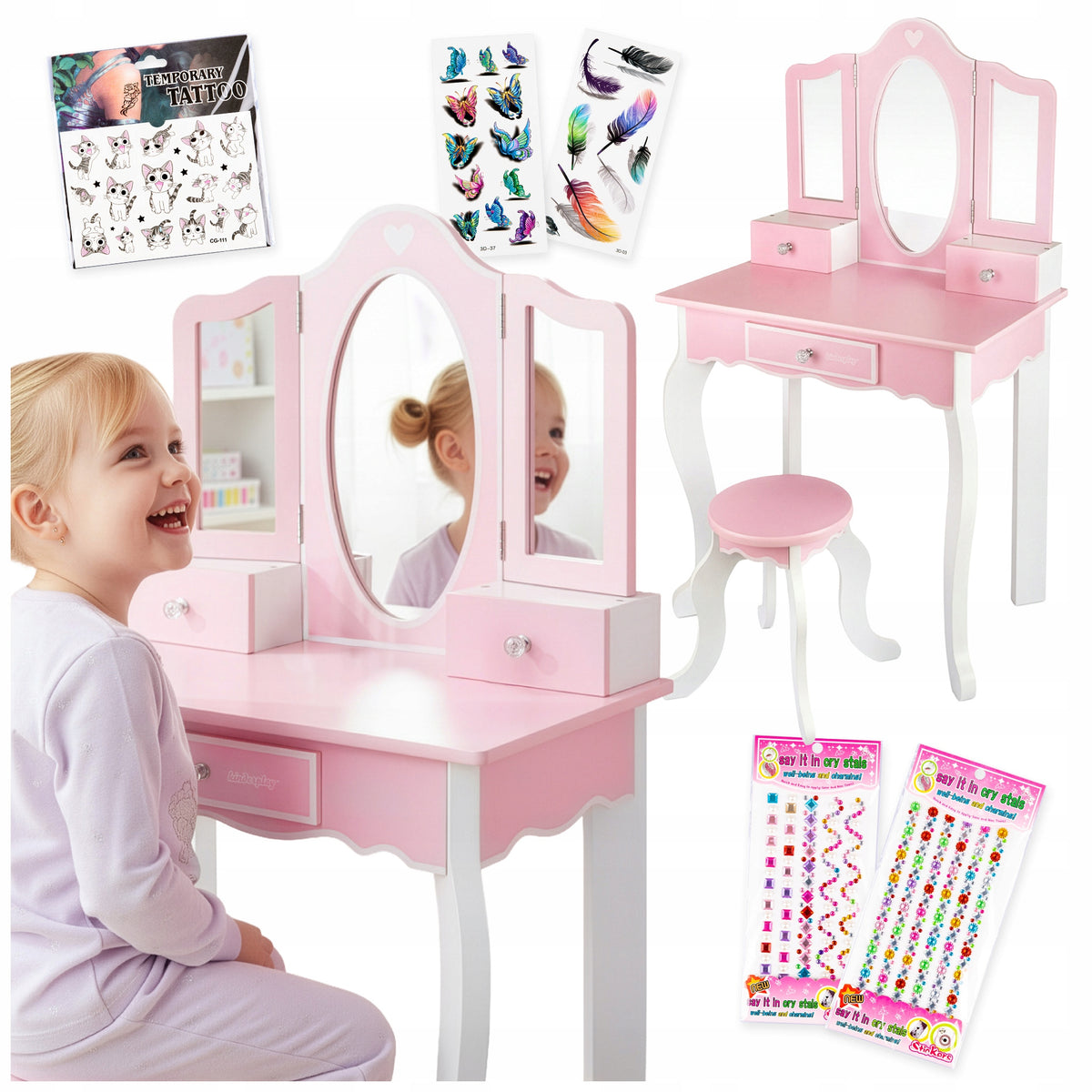 LARGE PINK WOODEN DRESSING TABLE FOR GIRLS CHILDREN KINDERPLAY STICKERS