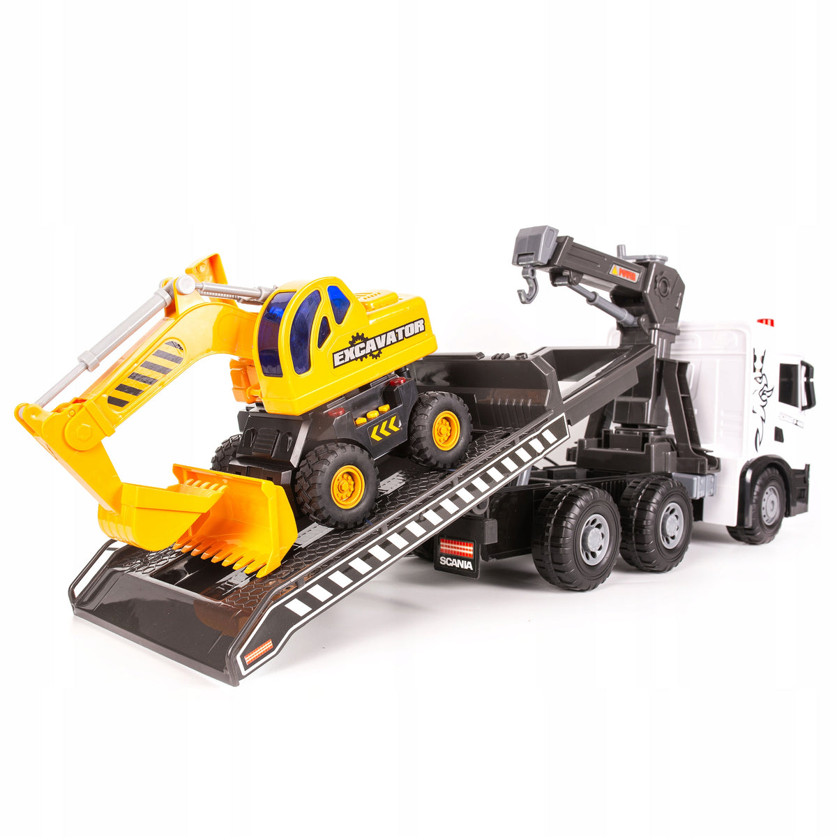 LARGE SCANIA P 410 truck XXL TIR Tow truck with Excavator light sounds Manufacturer code OC-5004 JOY4KIDS