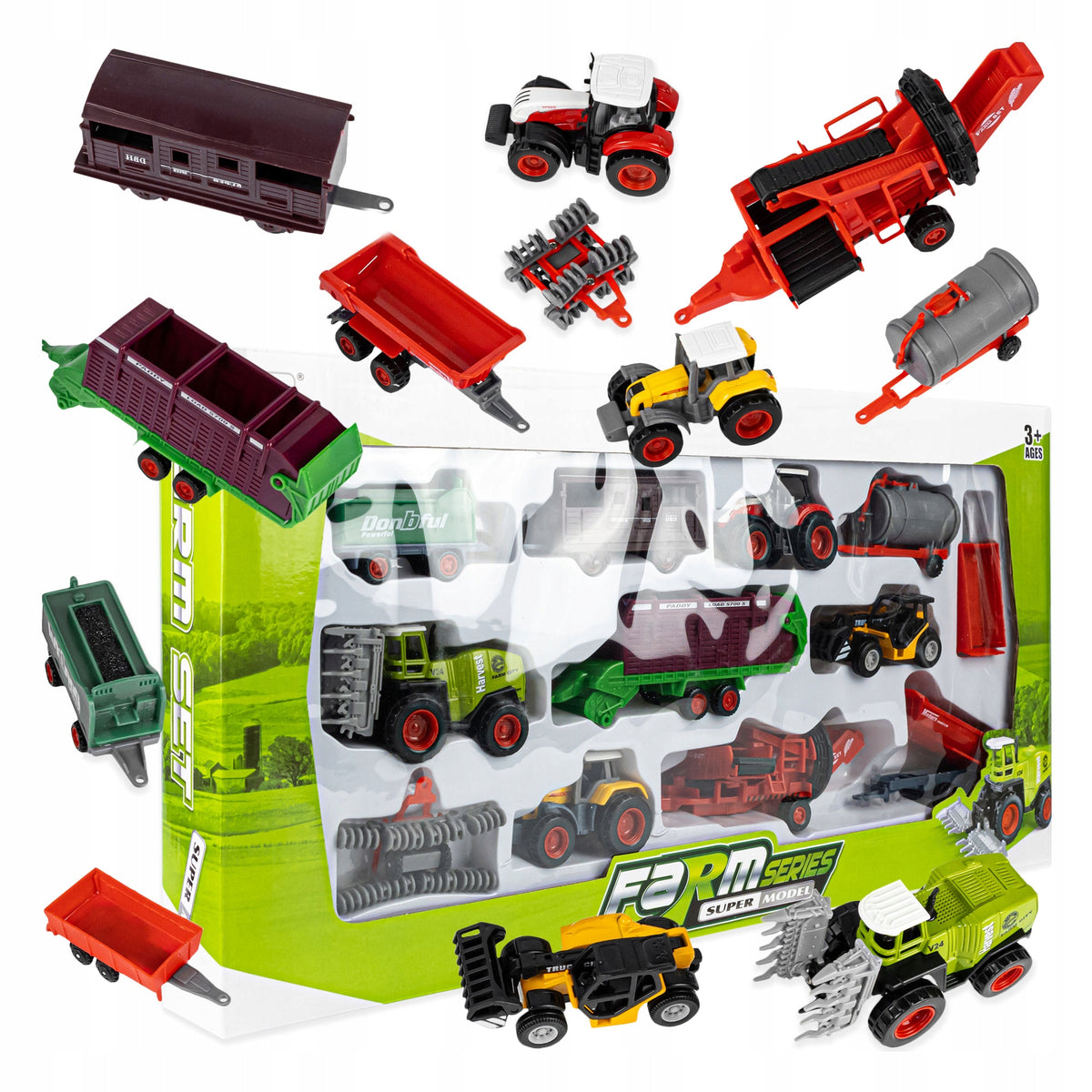 LARGE SET OF AGRICULTURAL VEHICLE MACHINERY FOR CHILDREN TWO TRACTORS TRACTOR PLOUGH