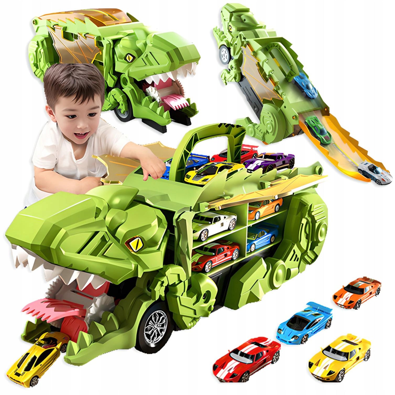 LARGE SET OF CARS dinosaur IN SUITCASE CAR SLIDE + 12 SPRINGS