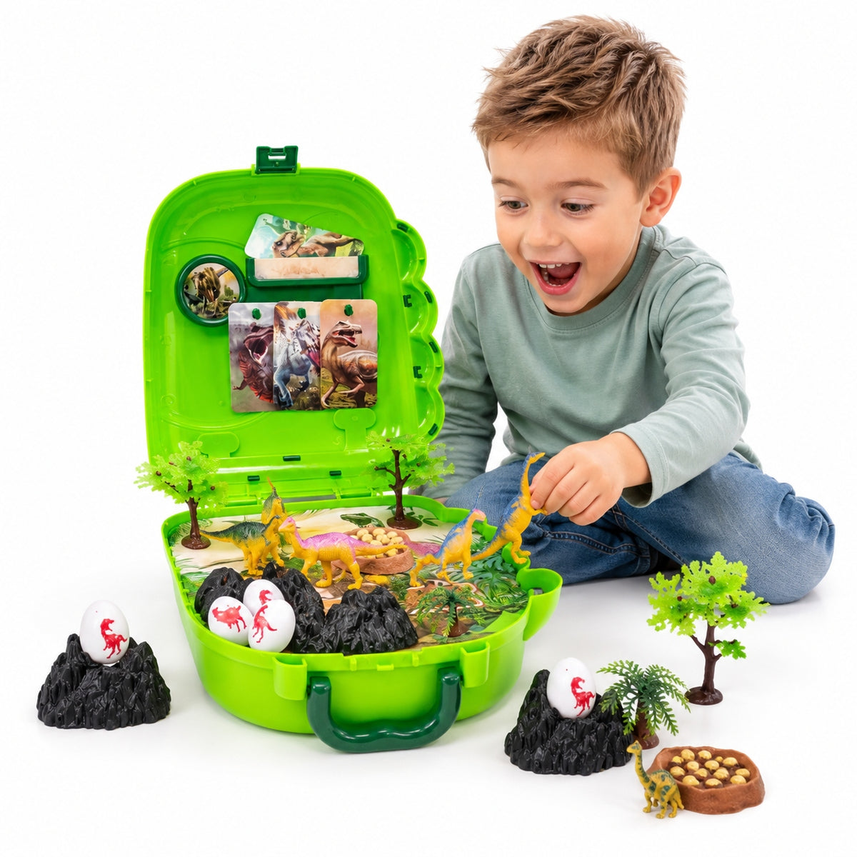 LARGE SET OF DINOSAURS IN BACKPACK SUITCASE FIGURINES EGG VOLCANO XXL Manufacturer code Zestawk Dinozaurów z okiem