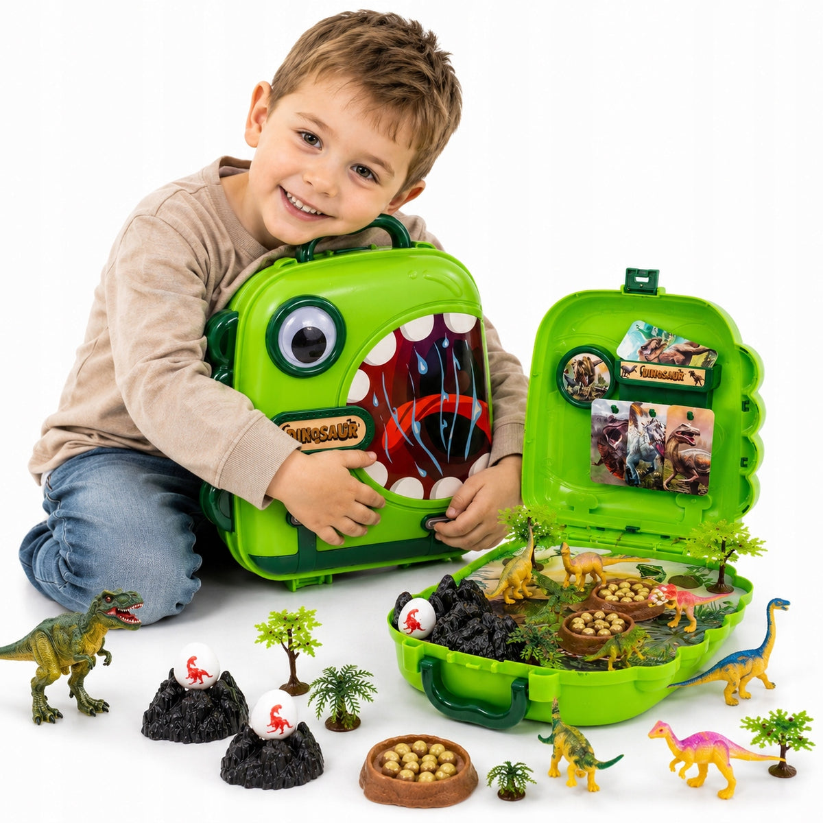 LARGE SET OF DINOSAURS IN BACKPACK SUITCASE FIGURINES EGG VOLCANO XXL Packaging status original