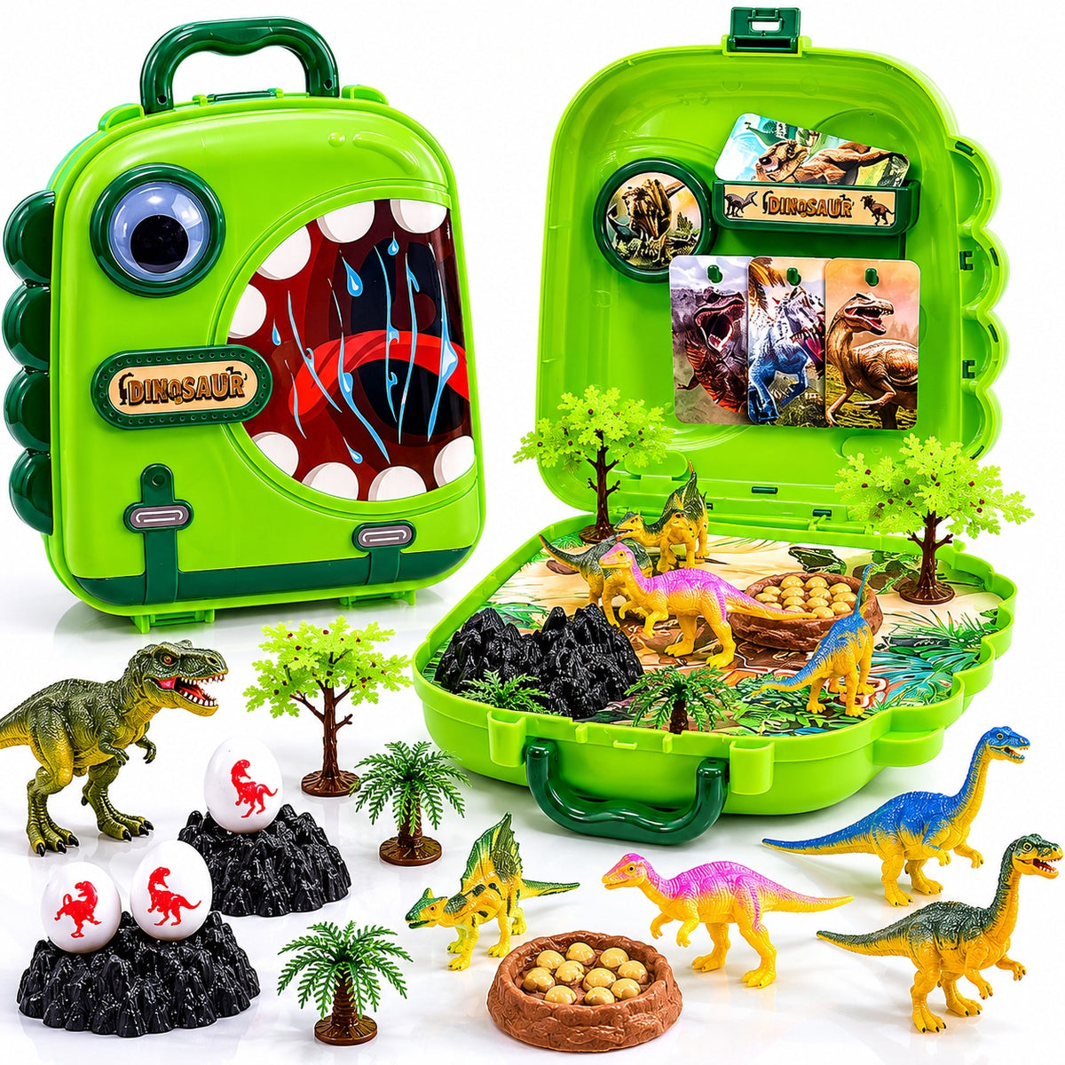 LARGE SET OF DINOSAURS IN BACKPACK SUITCASE FIGURINES EGG VOLCANO XXL
