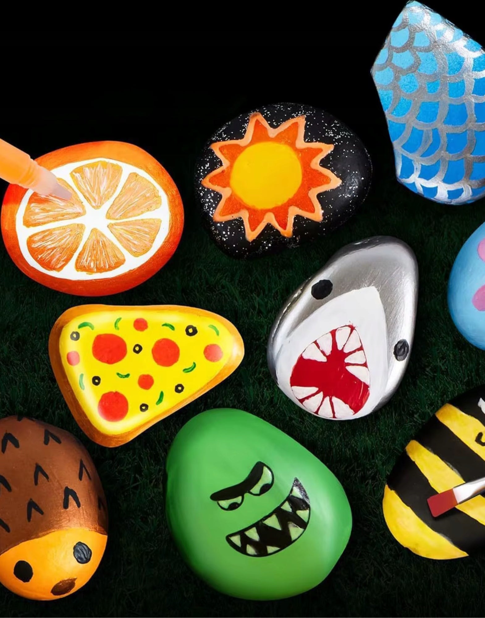 LARGE SET OF DIY PAINTING STONES GLOWING DARK PAINT BRUSHES ROCK Manufacturer code ZD-16