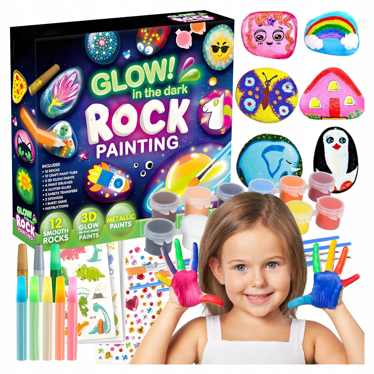 LARGE SET OF DIY PAINTING STONES GLOWING DARK PAINT BRUSHES ROCK