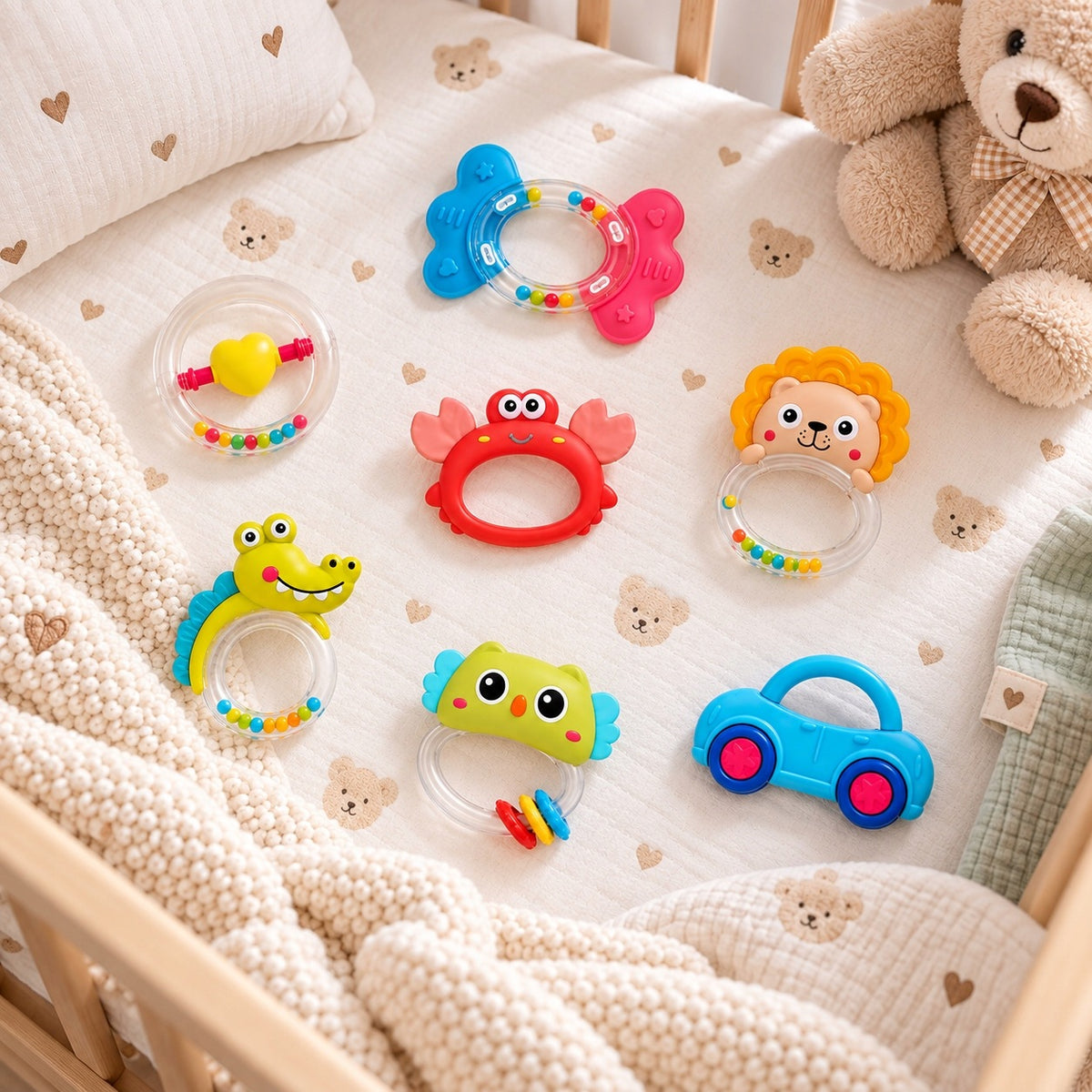 LARGE SET OF RATTLES AND TEETHERS COLORFUL SENSORY RATTLE TEETHER Packaging status original