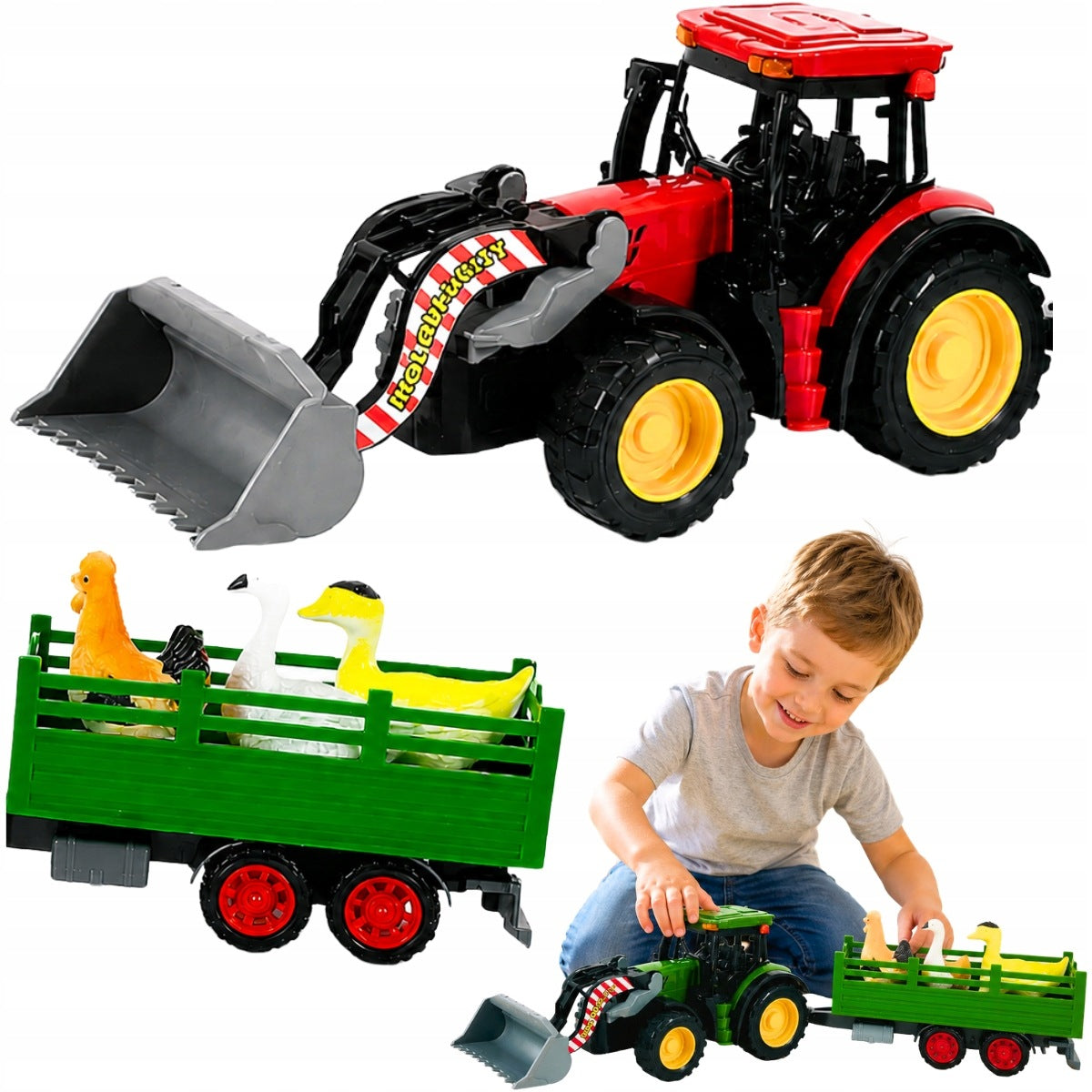 LARGE SET TRACTOR WITH TRAILER AND ANIMALS 47CM FARM