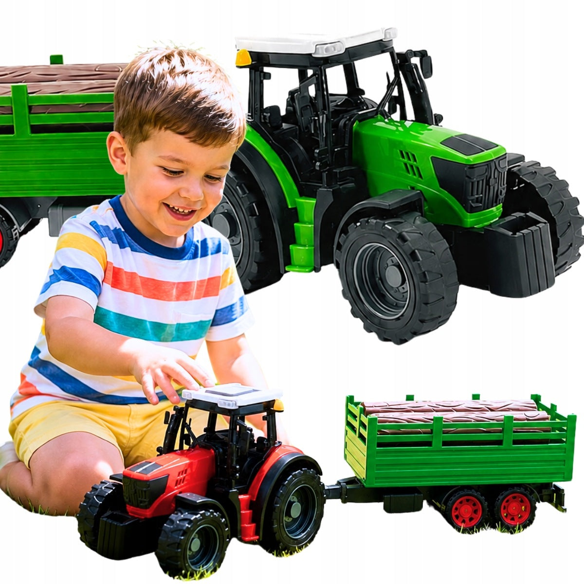 LARGE SET TRACTOR WITH TRAILER AND WOOD 38CM FARM