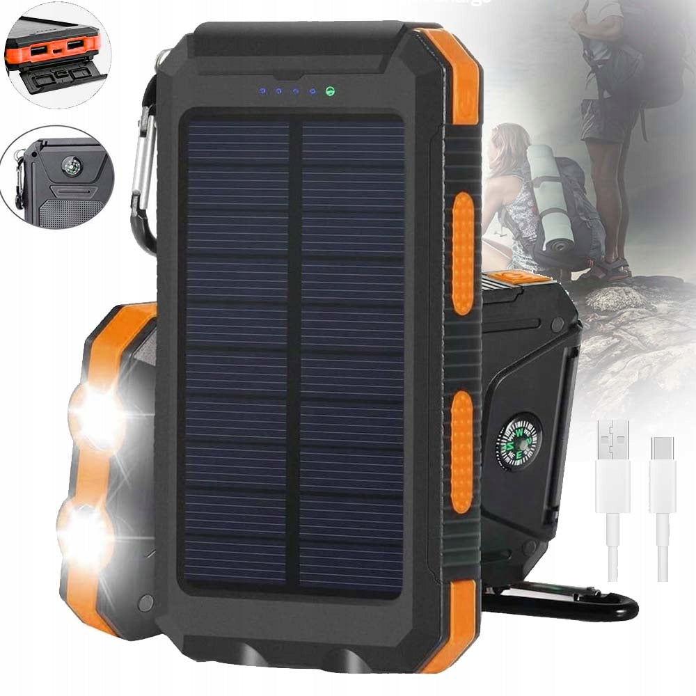LARGE SOLAR POWER BANK WATERPROOF WITH COMPASS 2XUSB POWERFUL FLASHLIGHT 30000MAH