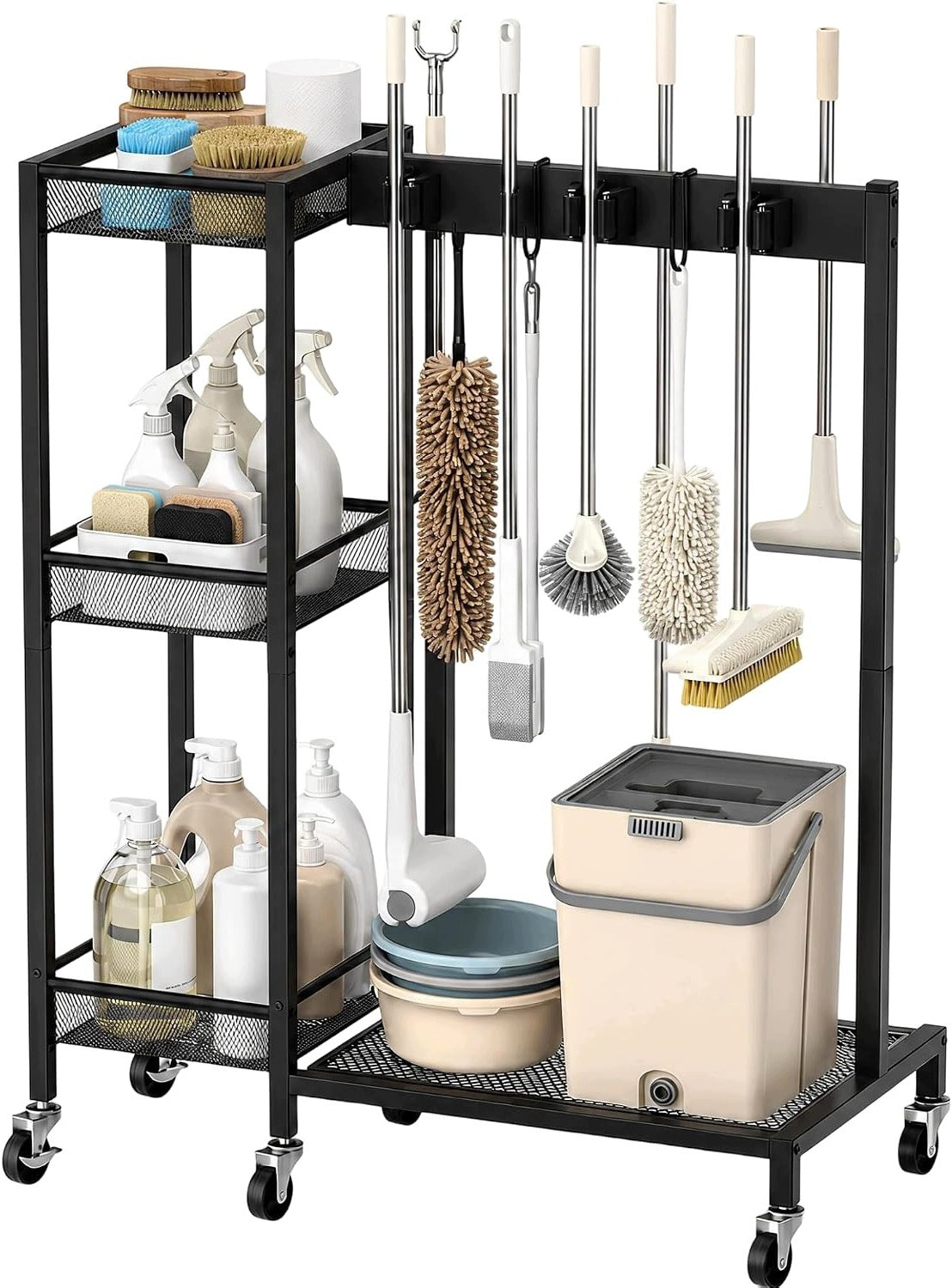 LARGE THREE-LEVEL CLEANING TROLLEY WITH HANGING HANDLES AND WHEELS