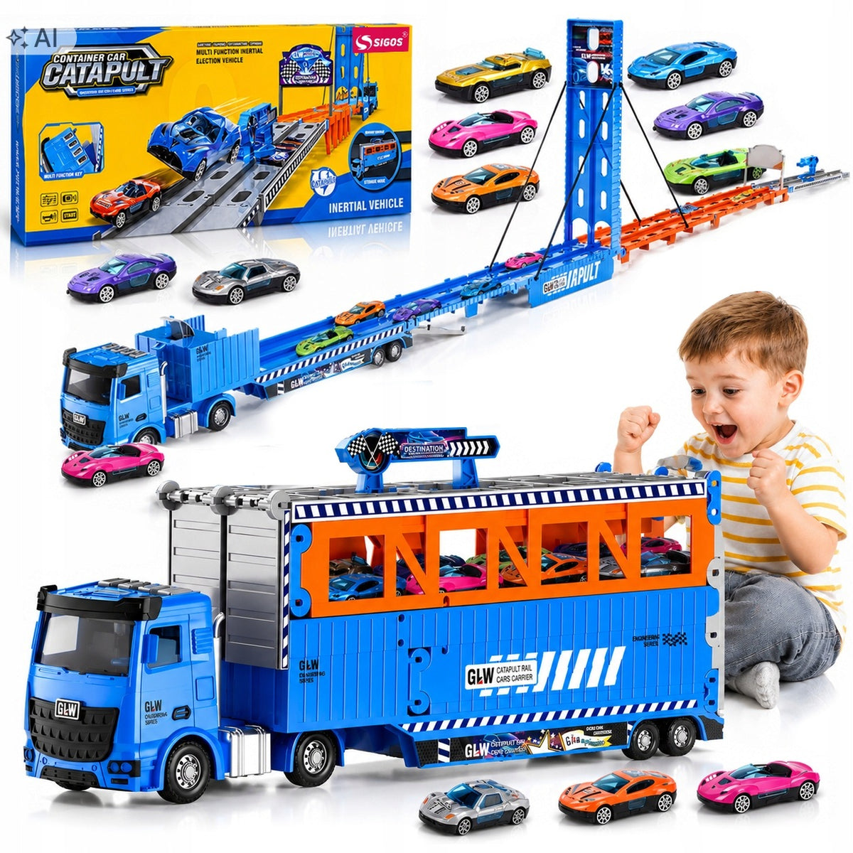 LARGE TIR RACE TRACK 2M LAUNCHER PARKING + 8 METAL CARS RESORAKI