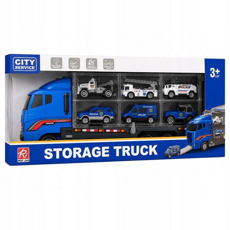 LARGE TIR TRANSPORTER GARAGE WITH 6 CARS POLICE LIGHT SOUND TOW TRUCK Kid's age 3+ years