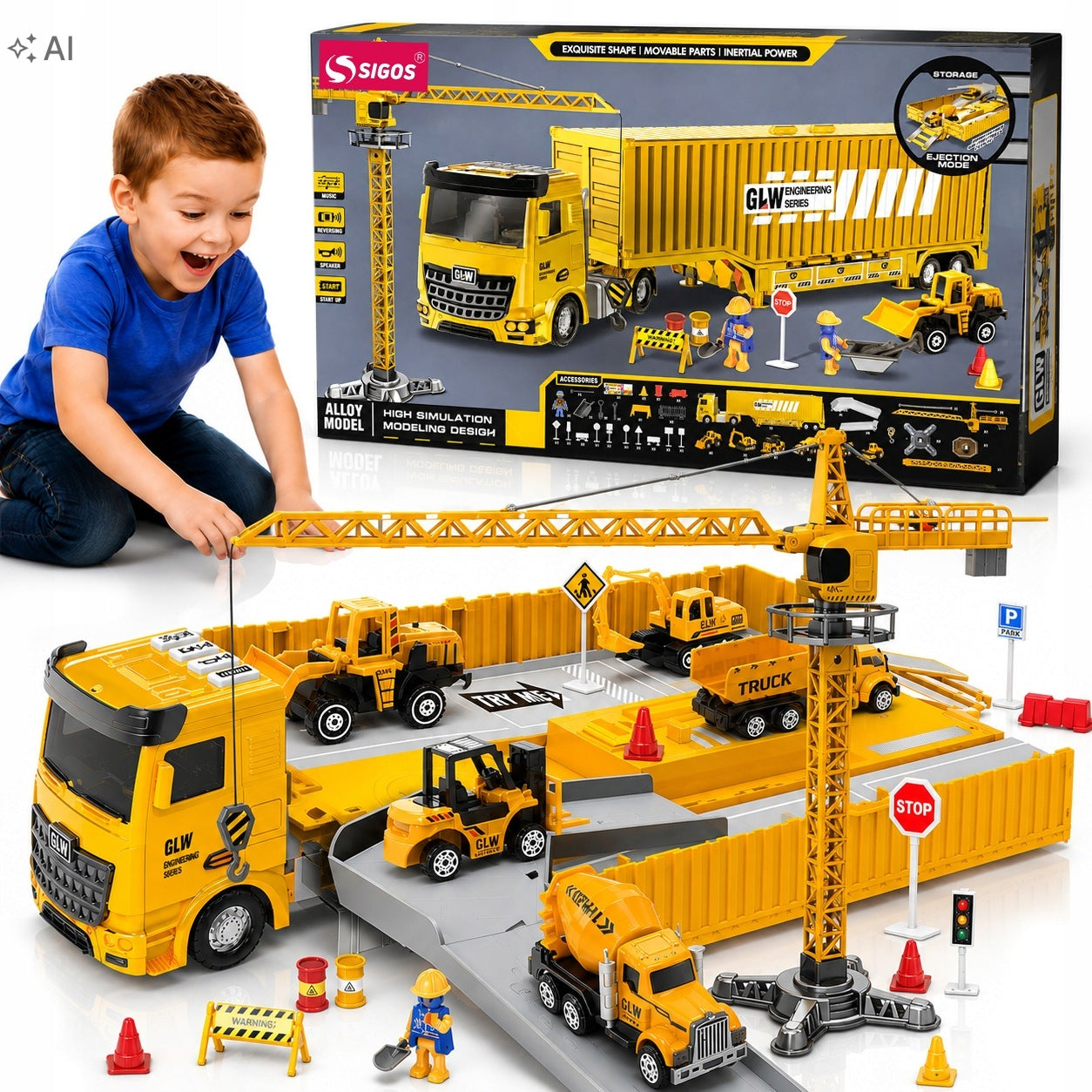 LARGE TRUCK TOW TRUCK CRANE EXCAVATOR CONCRETE MIXER CAR BUILDING SET