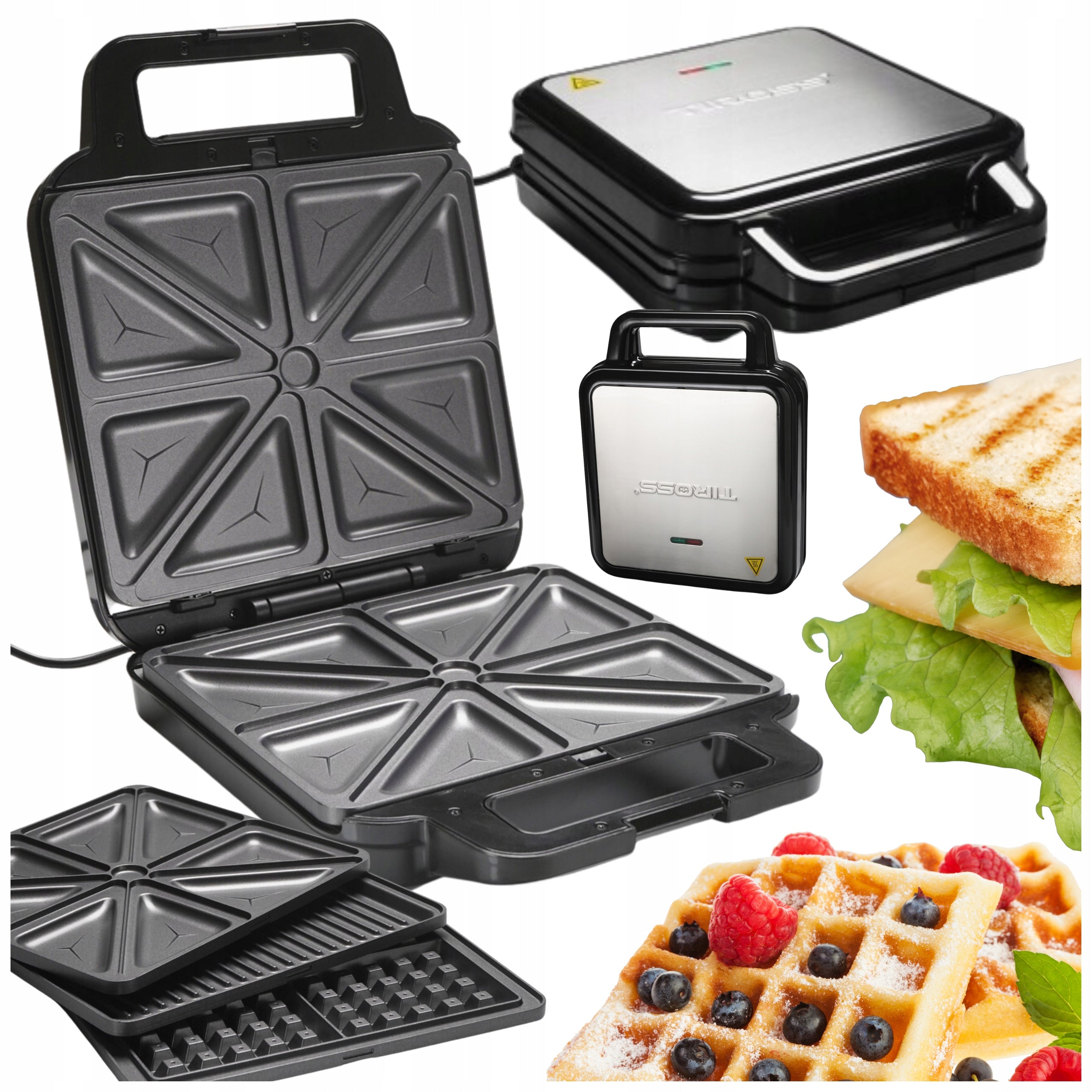 LARGE WAFFLE MAKER 3in1 GRILL TOASTER FOR SANDWICHES 1200W TIROSS TS9656