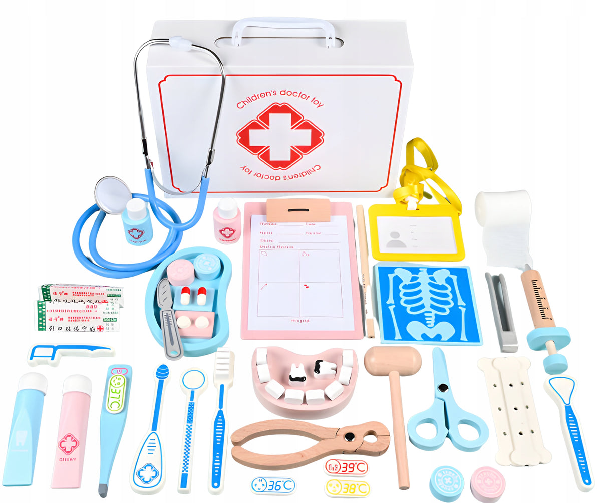 LARGE WOODEN DOCTOR SET FOR CHILDREN 36EL SUITCASE ACCESSORIES SYRINGE